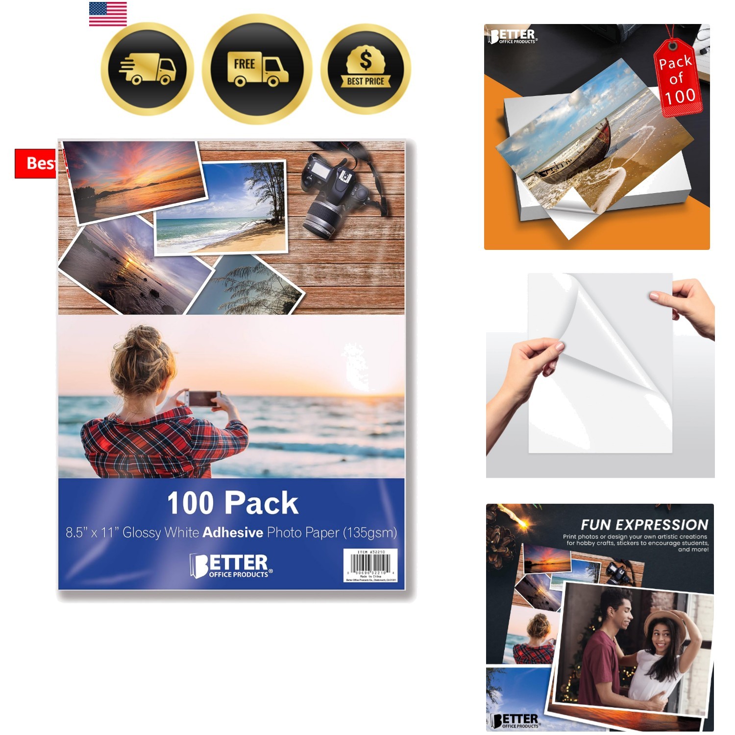 Self-Adhesive Photo Paper, Sticky Photo Paper, Glossy, 8.5 x 11 Inch, 100 She...