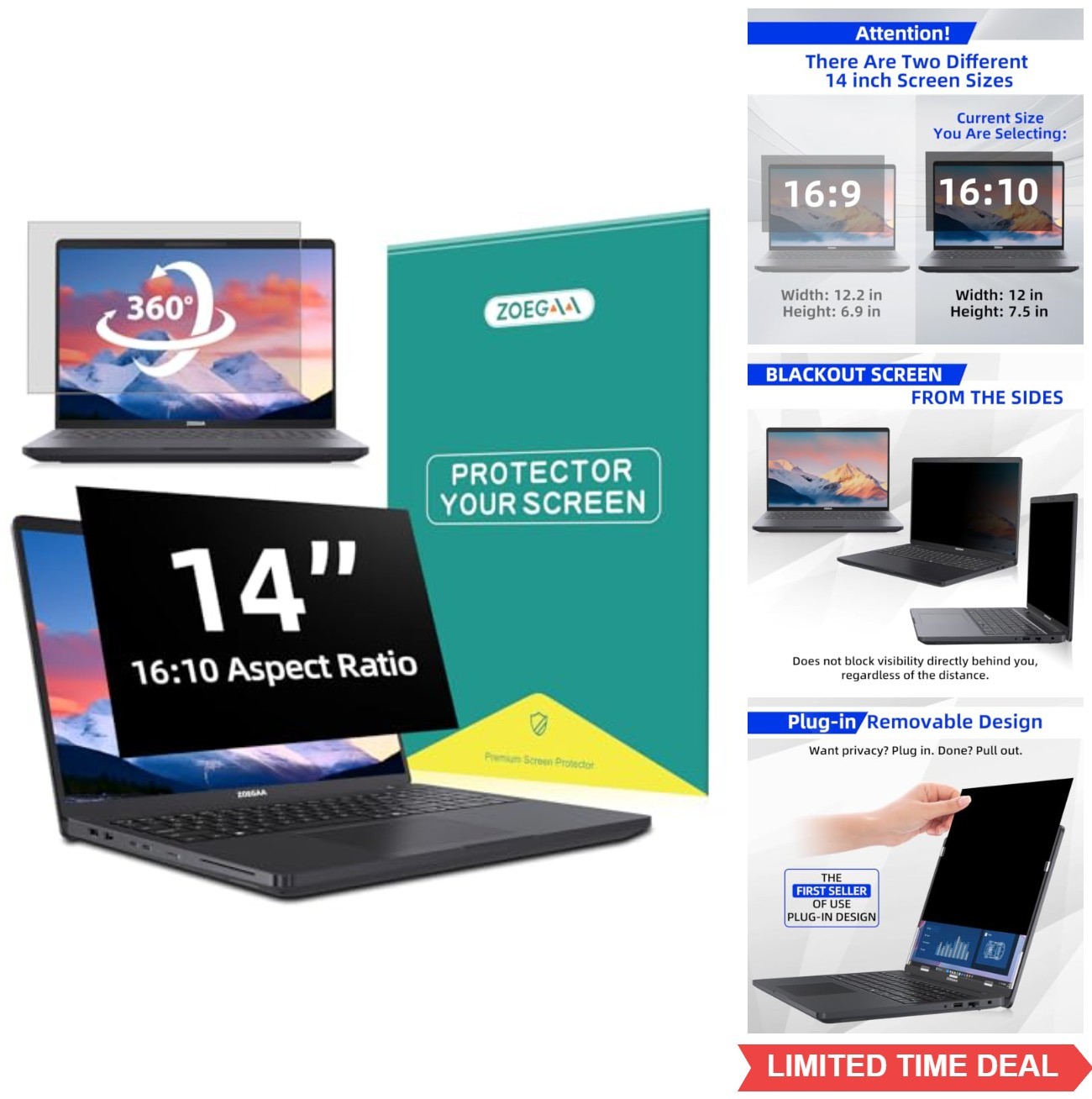 Laptop Privacy Screen 14 Inch 16:10 4-Way 360 Anti Glare Blue Light Blocking