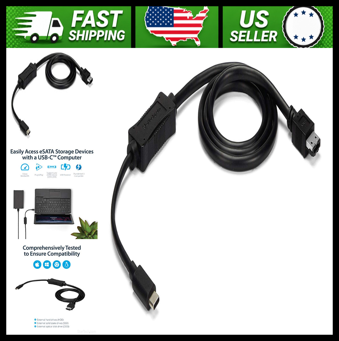 StarTech USB-C to eSATA Cable Adapter 3ft USB 3.0 for HDD SSD ODD