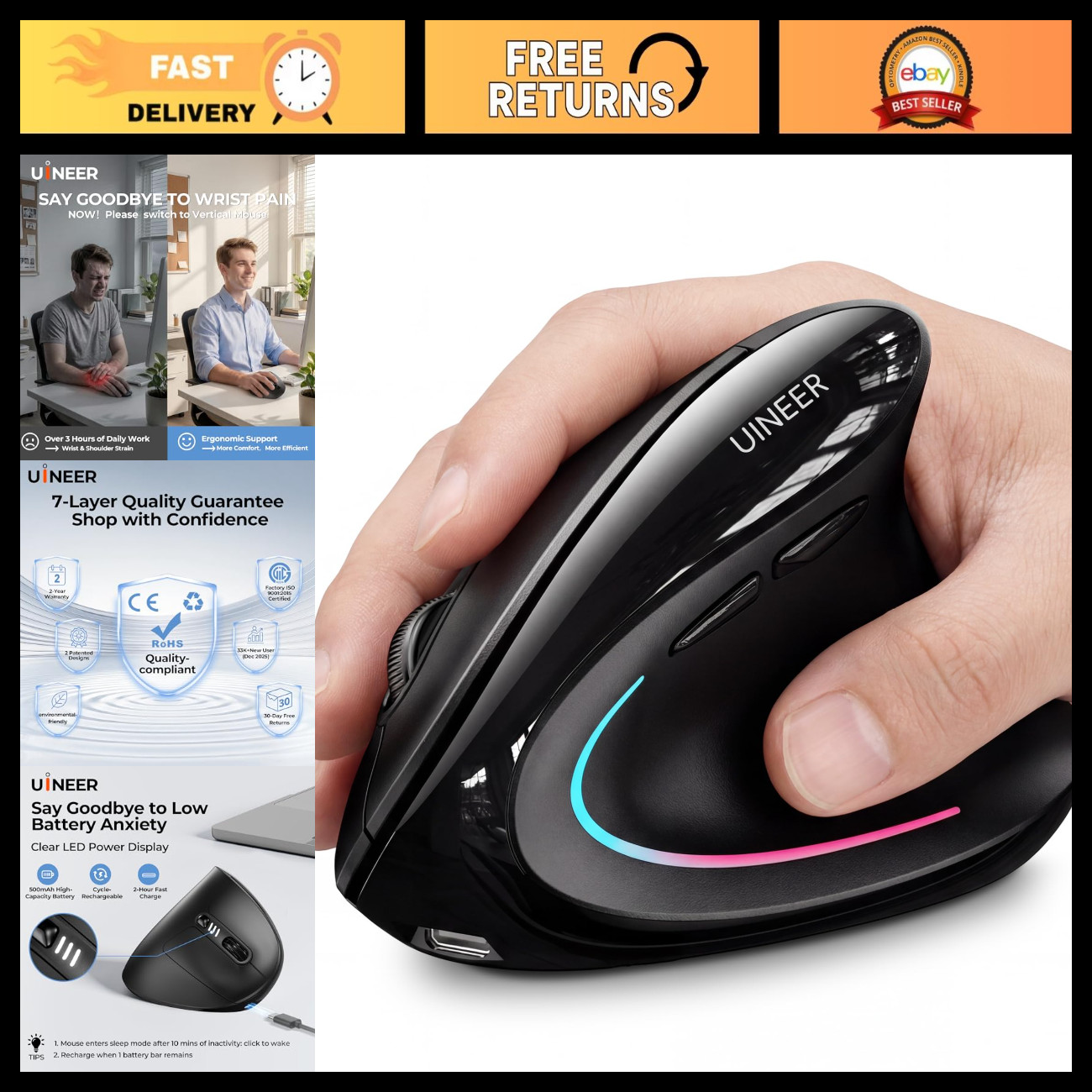 Ergonomic Wireless Bluetooth Vertical Mouse - 3-Device Connectivity, Comfortable