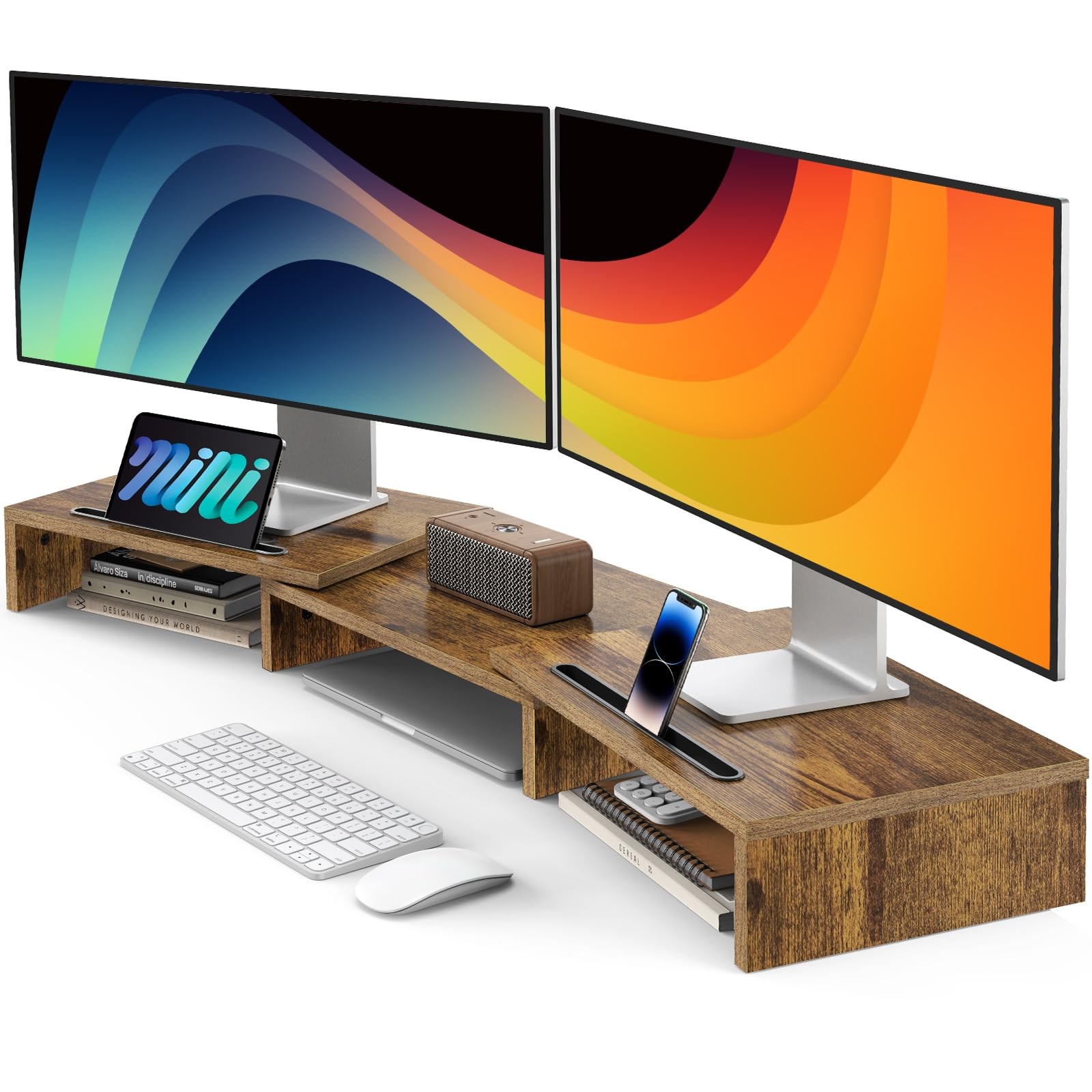 Rustic Brown Dual Monitor Stand Riser 3 Shelf Screen Adjustable Drawer