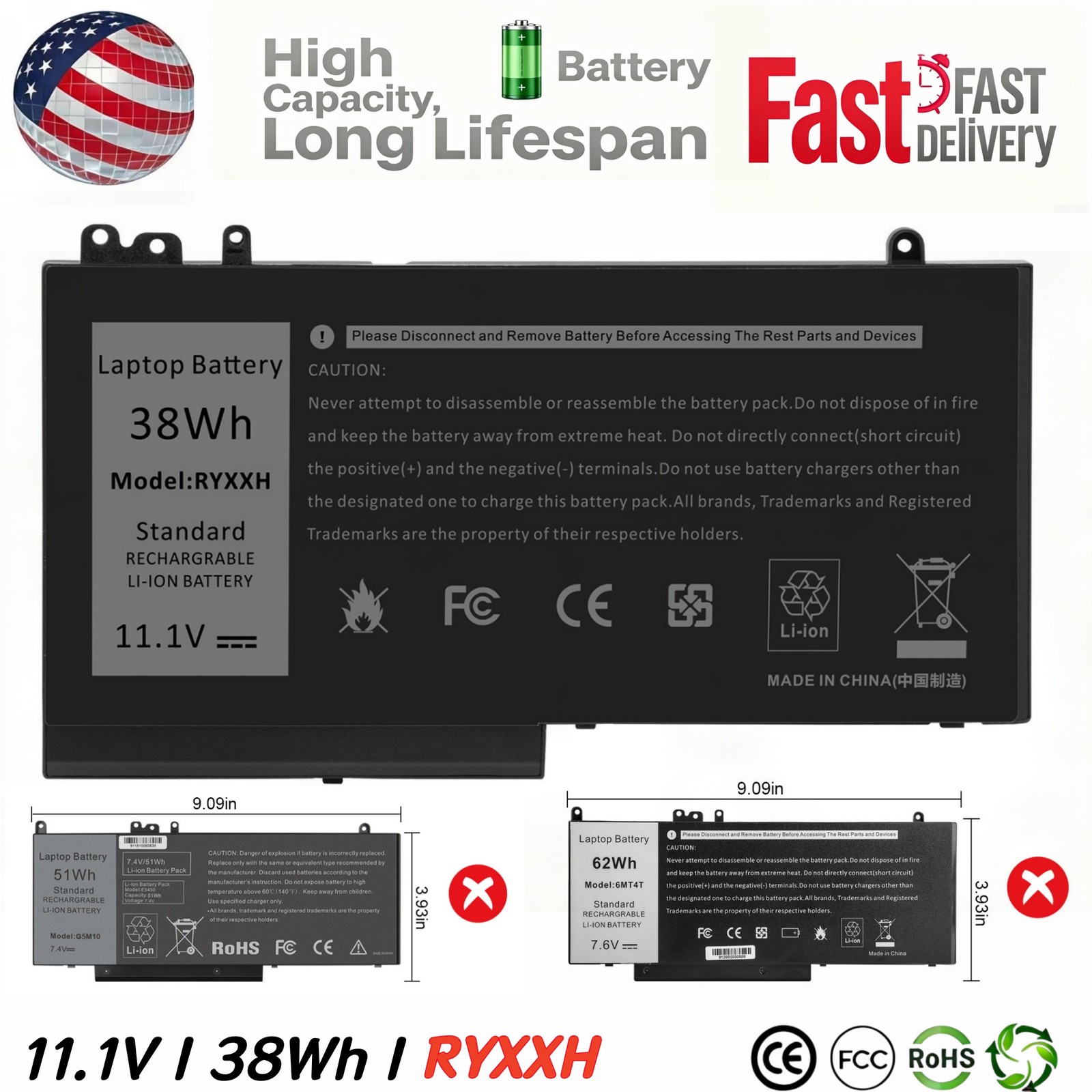 RYXXH Laptop Battery for DELL Latitude 12 E3100 E3150 E3550 E5450 E5550 E5250