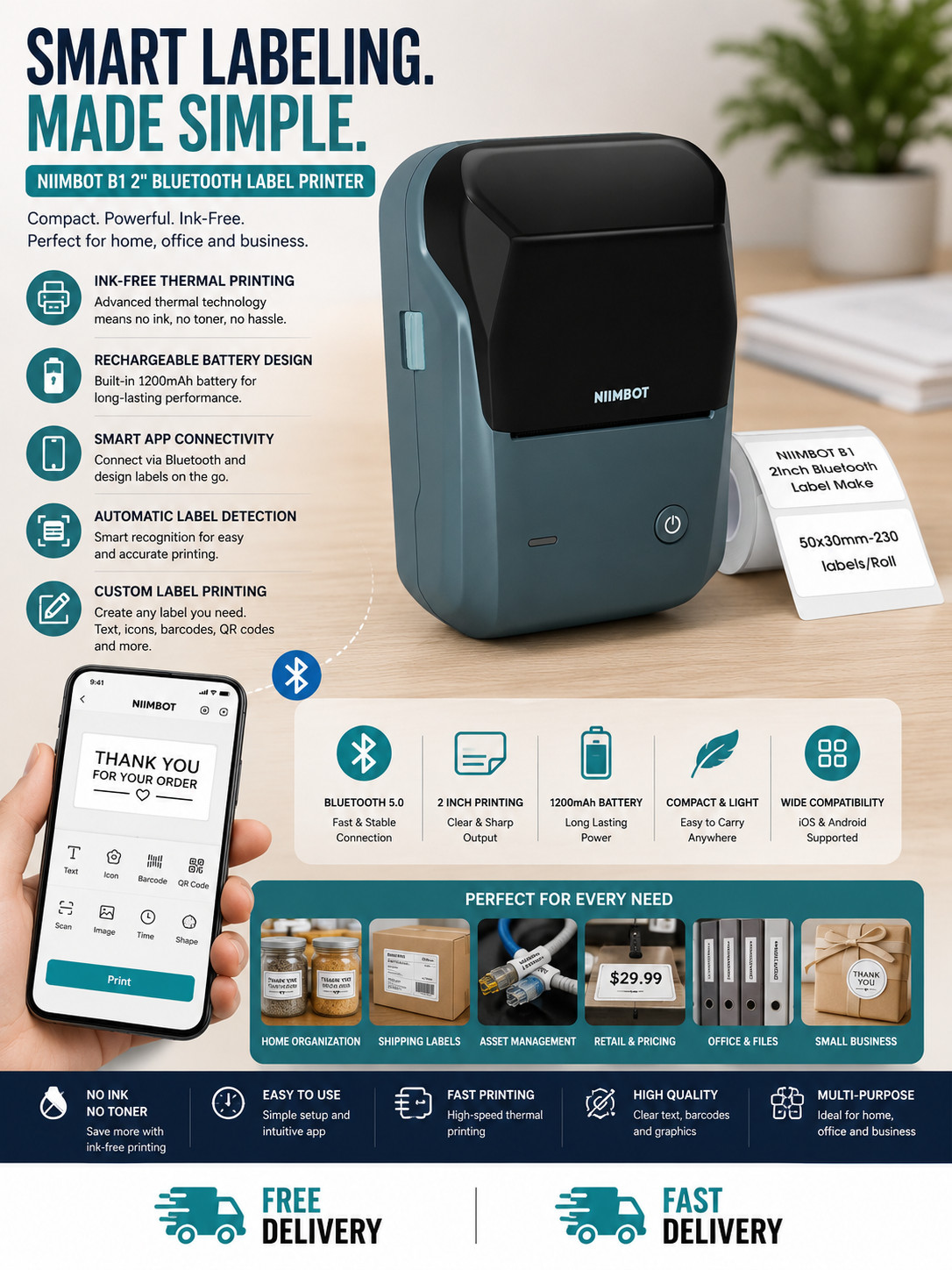AUSHA Portable Bluetooth Label Maker Thermal Printer Recharg. Home Office phone