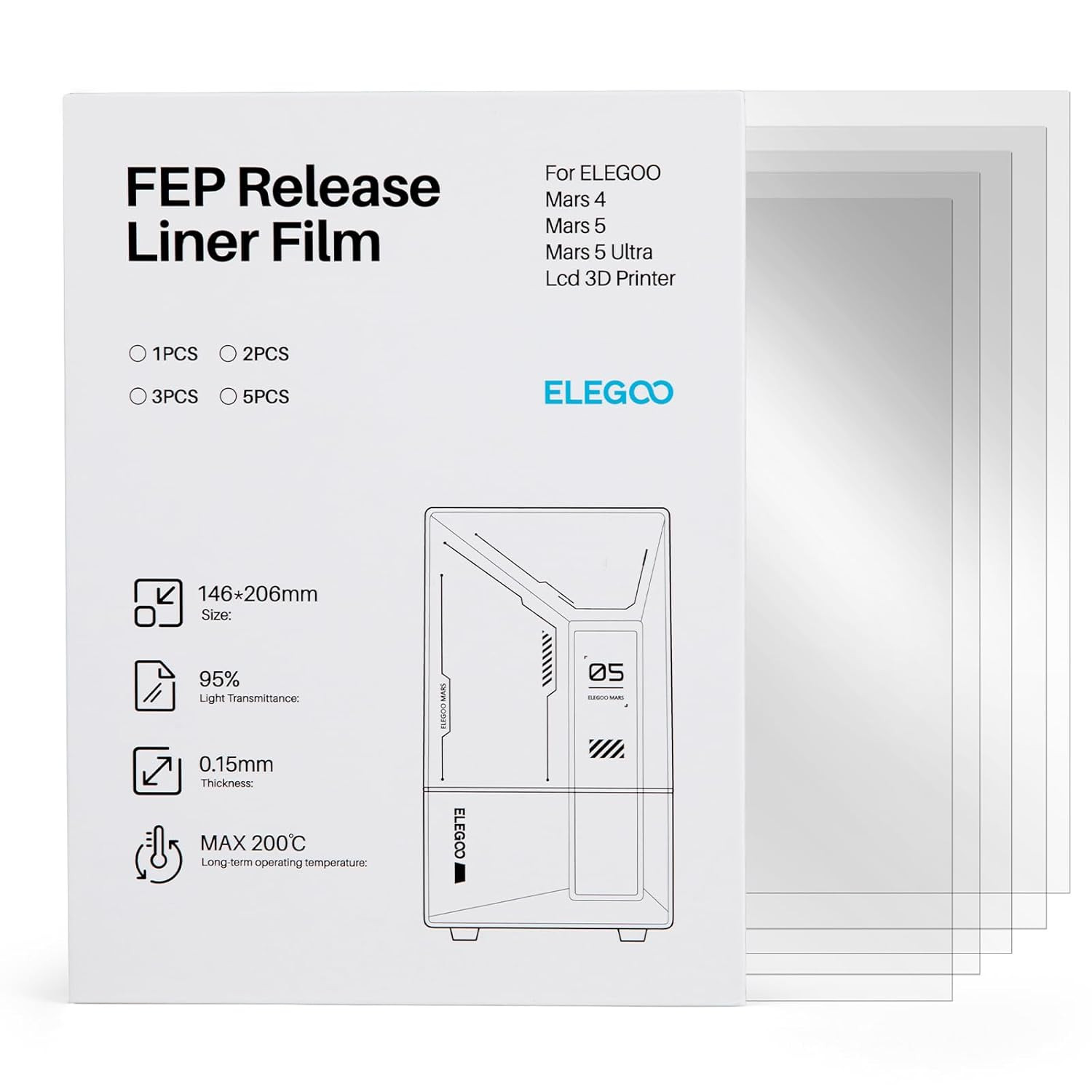 ELEGOO FEP Release Film 5PCS for Mars 4/ Mars 5/ Mars 5 Ultra LCD 3D Printer wit