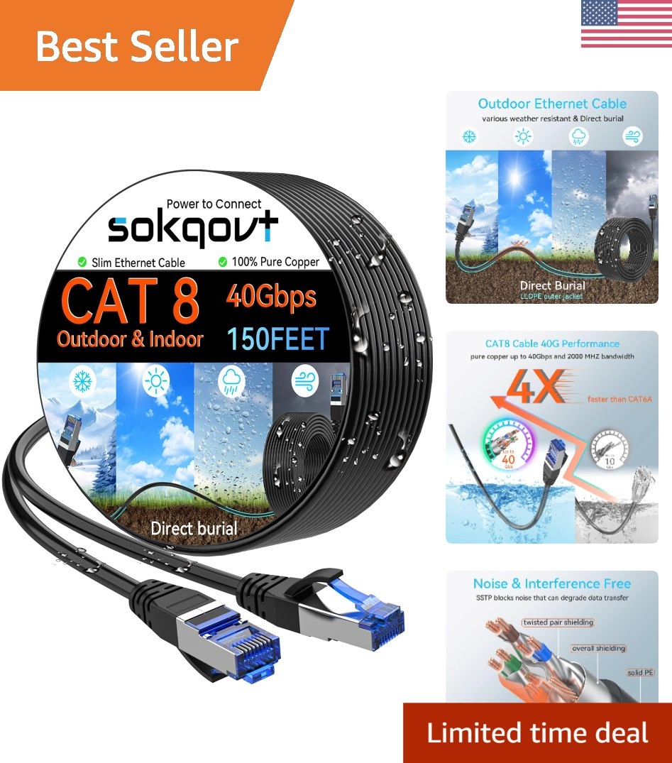 150ft Cat 8 Ethernet Cable - High-Speed, Weather Resistant, Pure Copper for I...