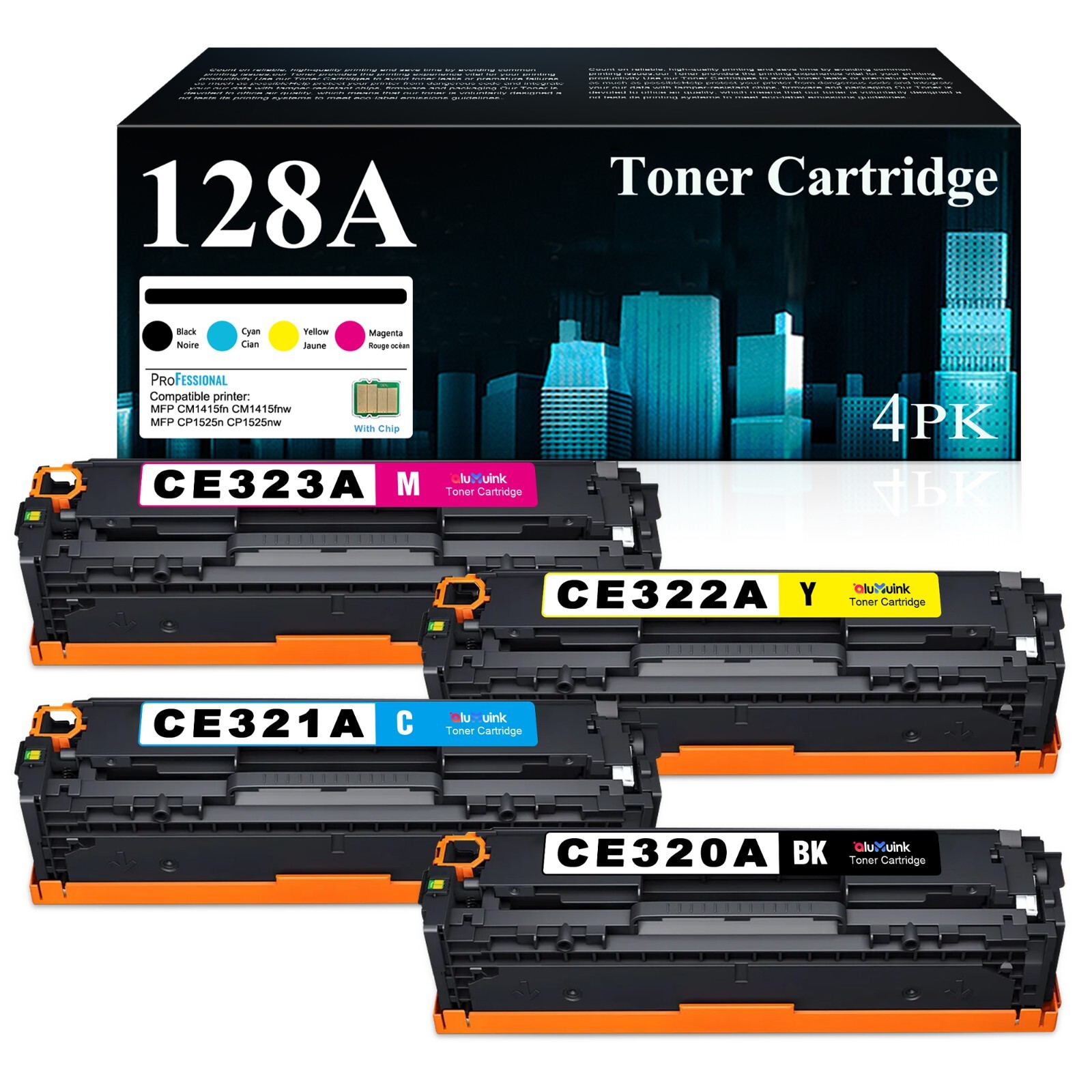 4PK CE320A 128A Toner Set For HP Color LaserJet Pro CM1415fn CP1525n 