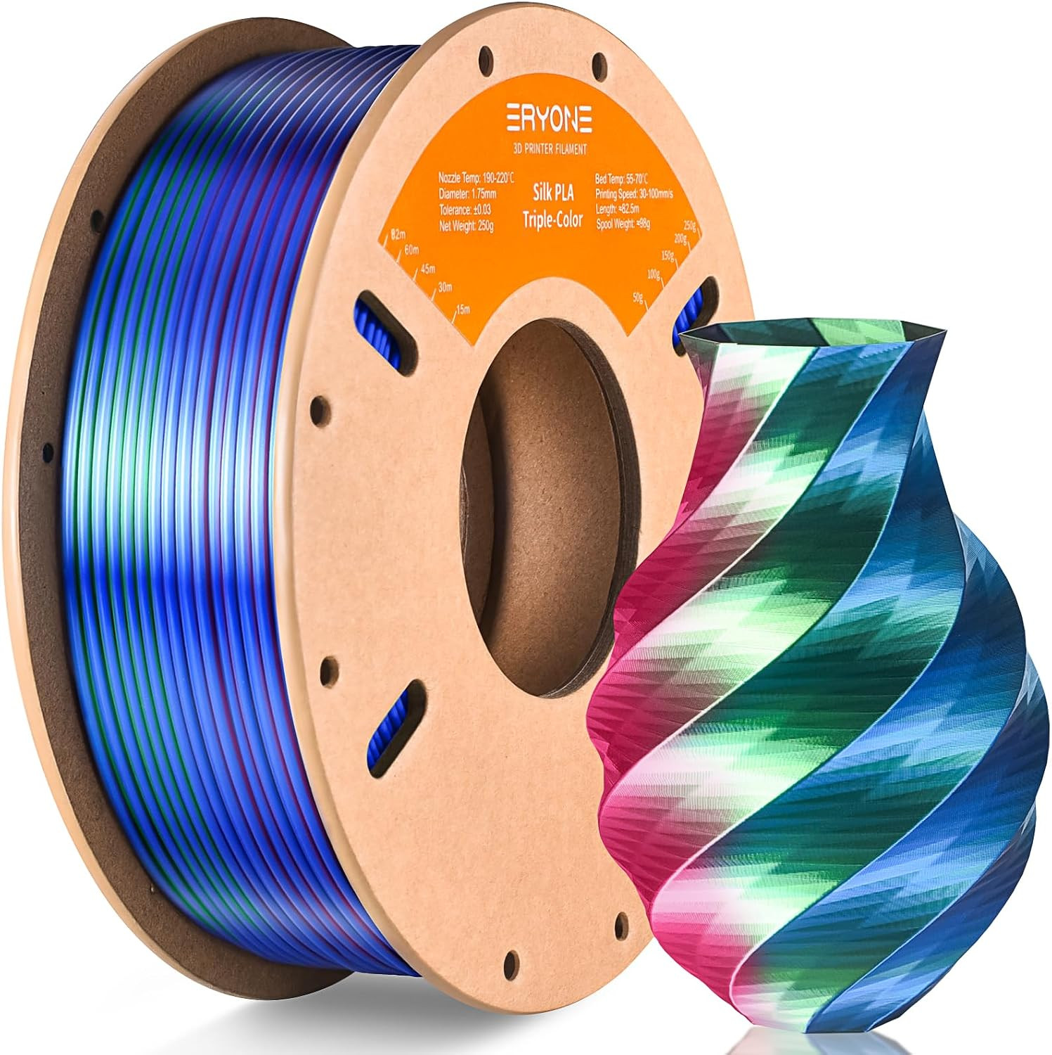 PLA Filament 1.75mm 250g Spool Silk Tri Color Red Blue Green 3D Printer
