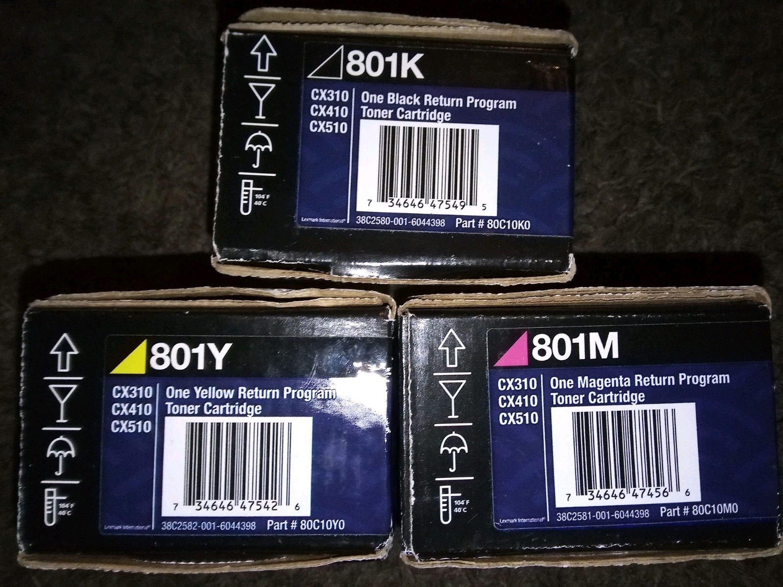GENUINE SET OF 3 LEXMARK TONER CARTRIDGES 801K 801Y 801M  
