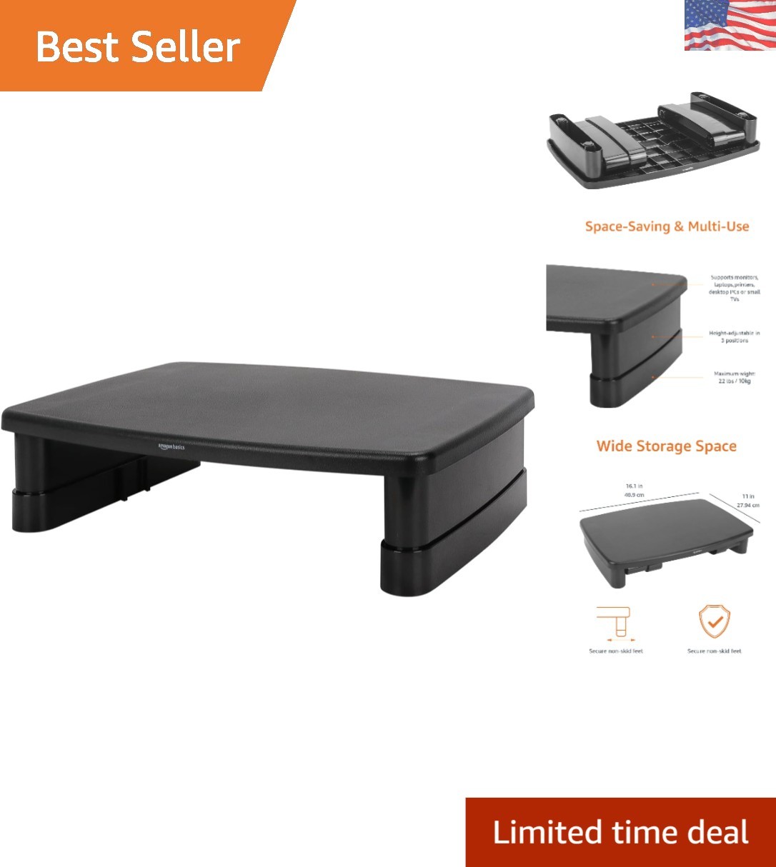 Elegant Black Monitor Riser with Storage - 22lbs Capacity, Adjustable Height