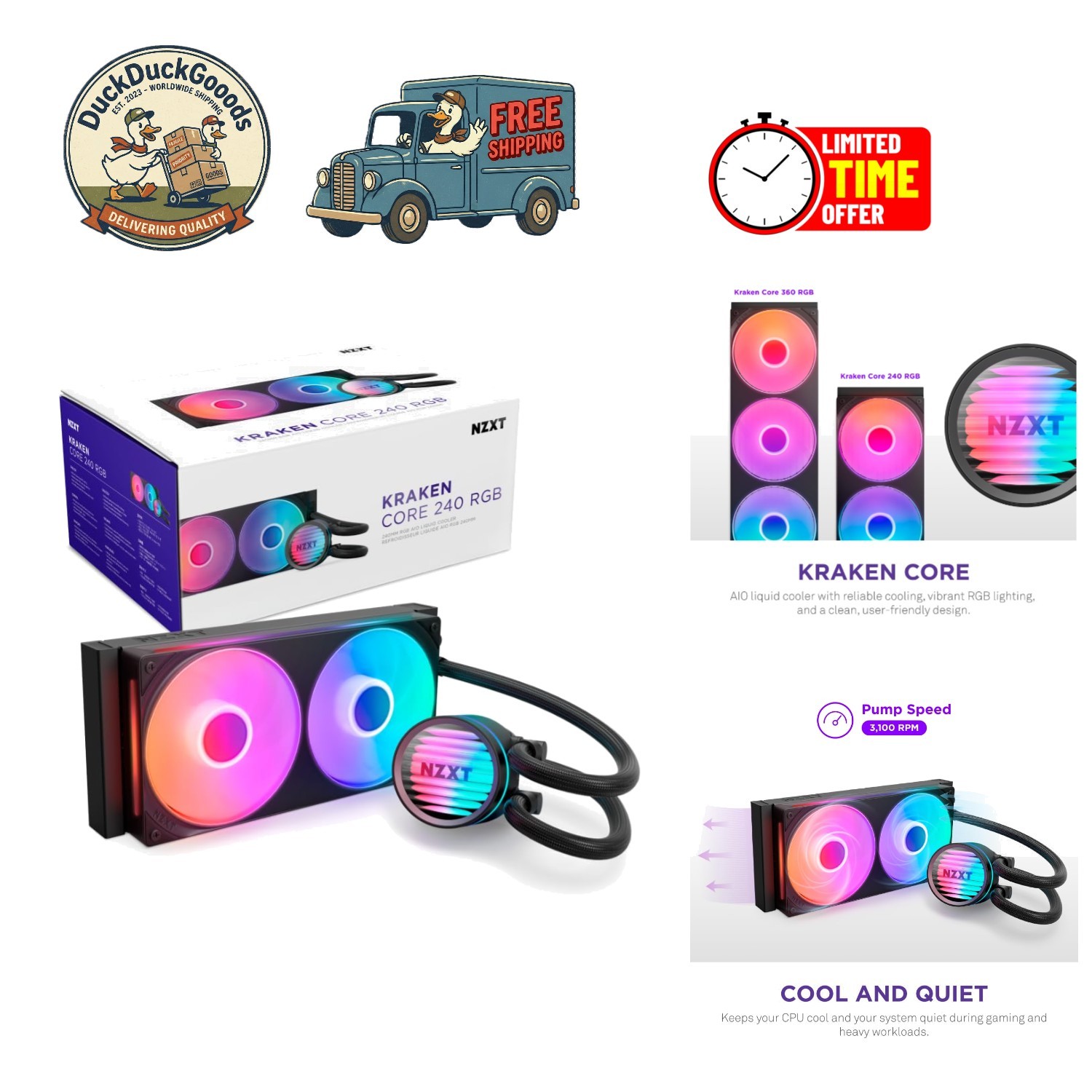 Efficient Kraken Core 240 RGB CPU Cooler - 3100 RPM Pump & PWM Fan Control