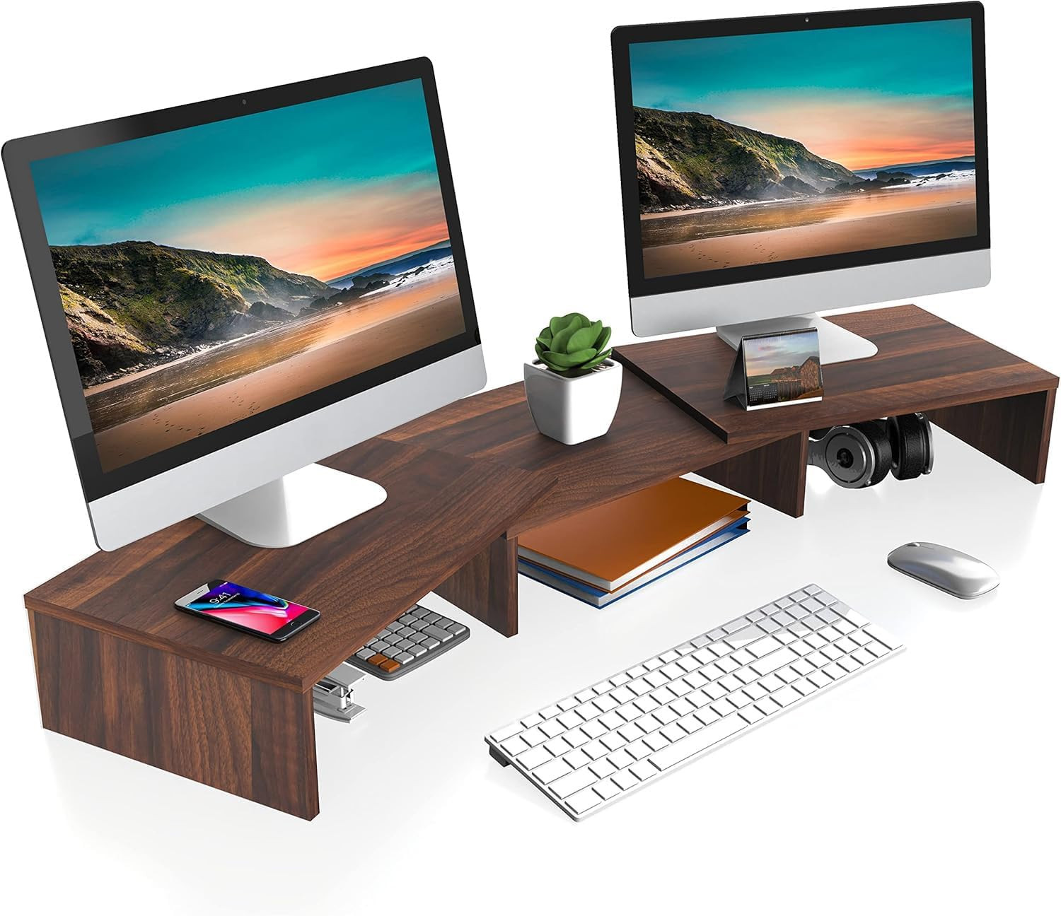 Soporte Doble Ajustable Para Monitor Laptop Y Impresora De Madera Color Cafe