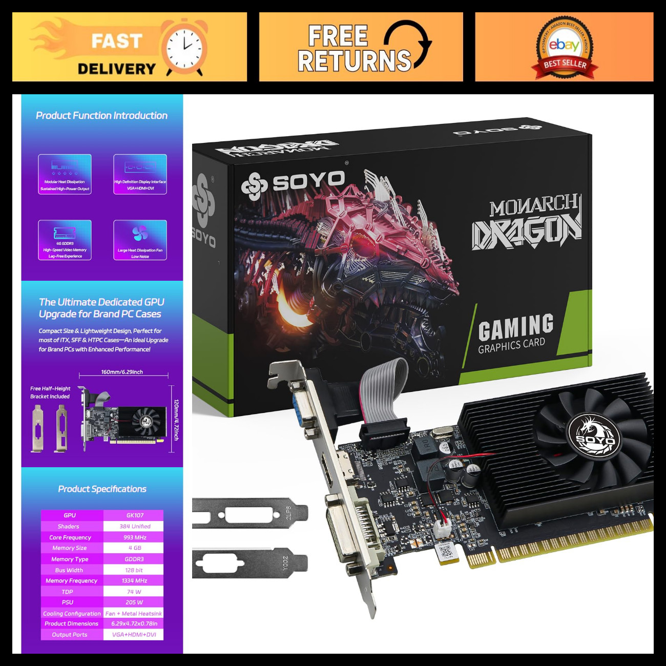 4GB DDR3 Low Profile Graphics Card, 128-Bit, Triple Output HDMI/VGA/DVI-D, SFF V