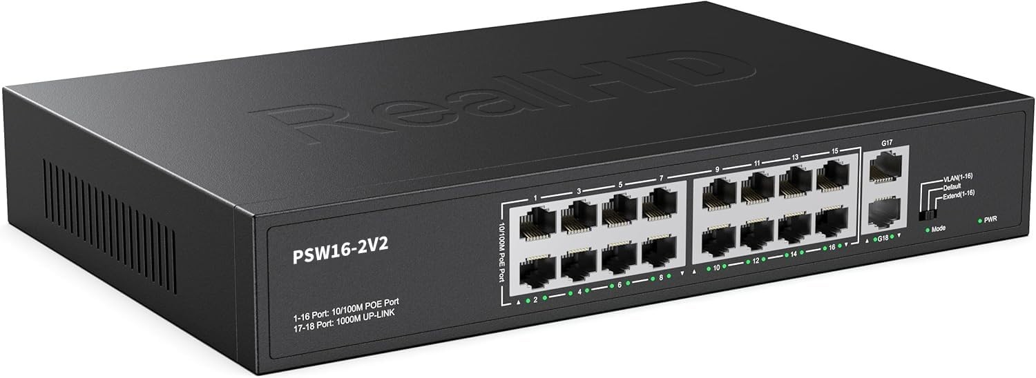 16 Port PoE+Switch w/2 Gigabit Uplink Ethernet Ports Unmanaged 300W 803.af/at