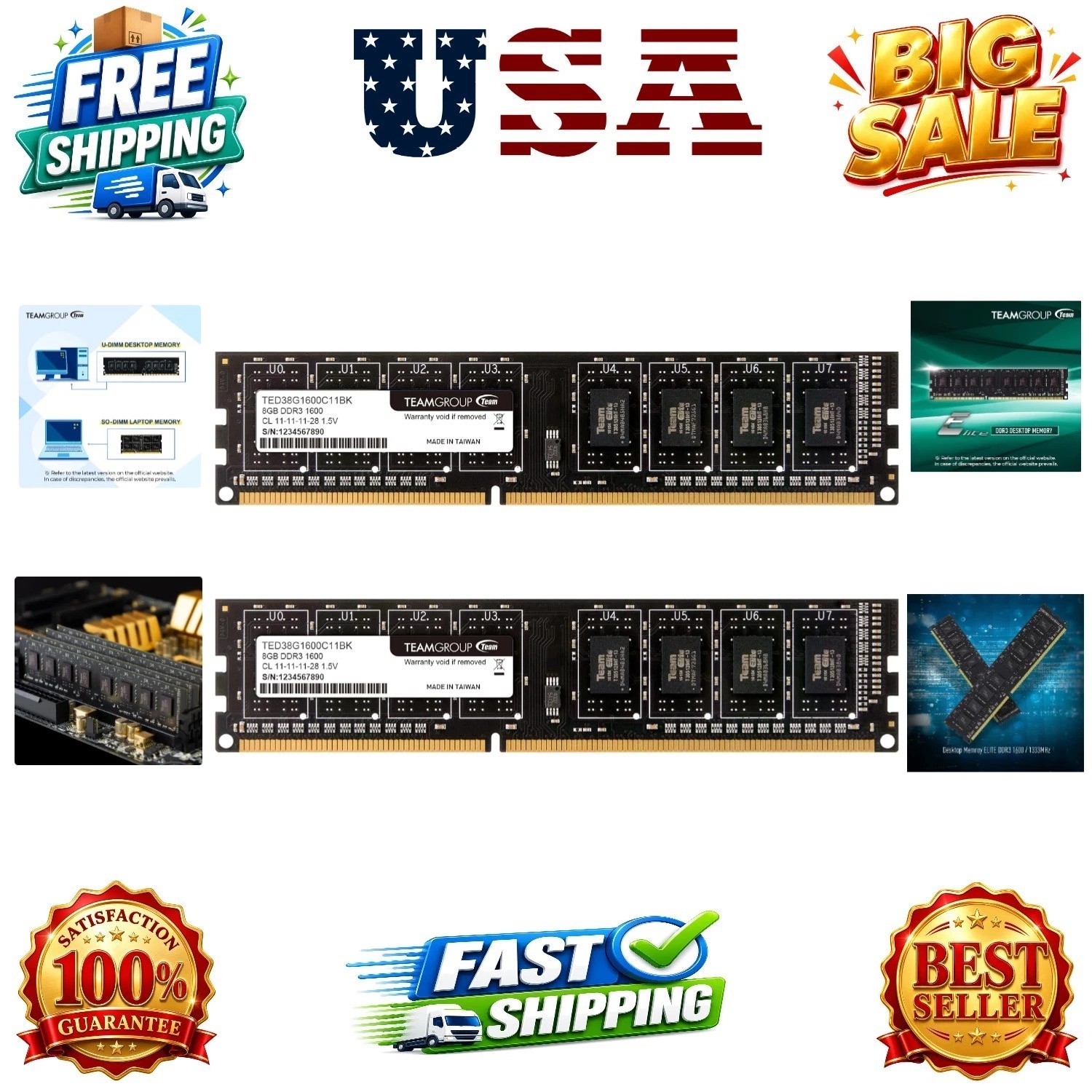 Elite 16GB Kit 2x8GB 1600MHz PC3-12800 CL11 Unbuffered Non-ECC 1.5V UDIMM 240...