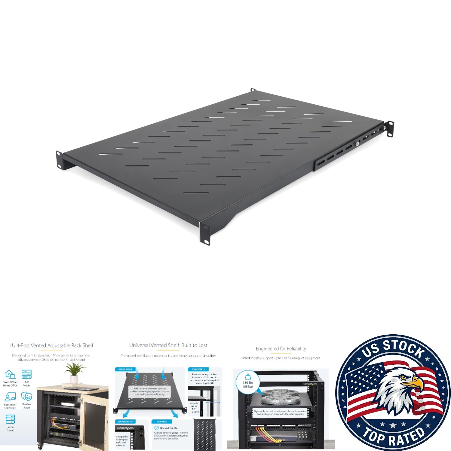 Versatile 1U Vented Rack Shelf | Adjustable 28-34.4in Depth, Alloy Steel, 150lb
