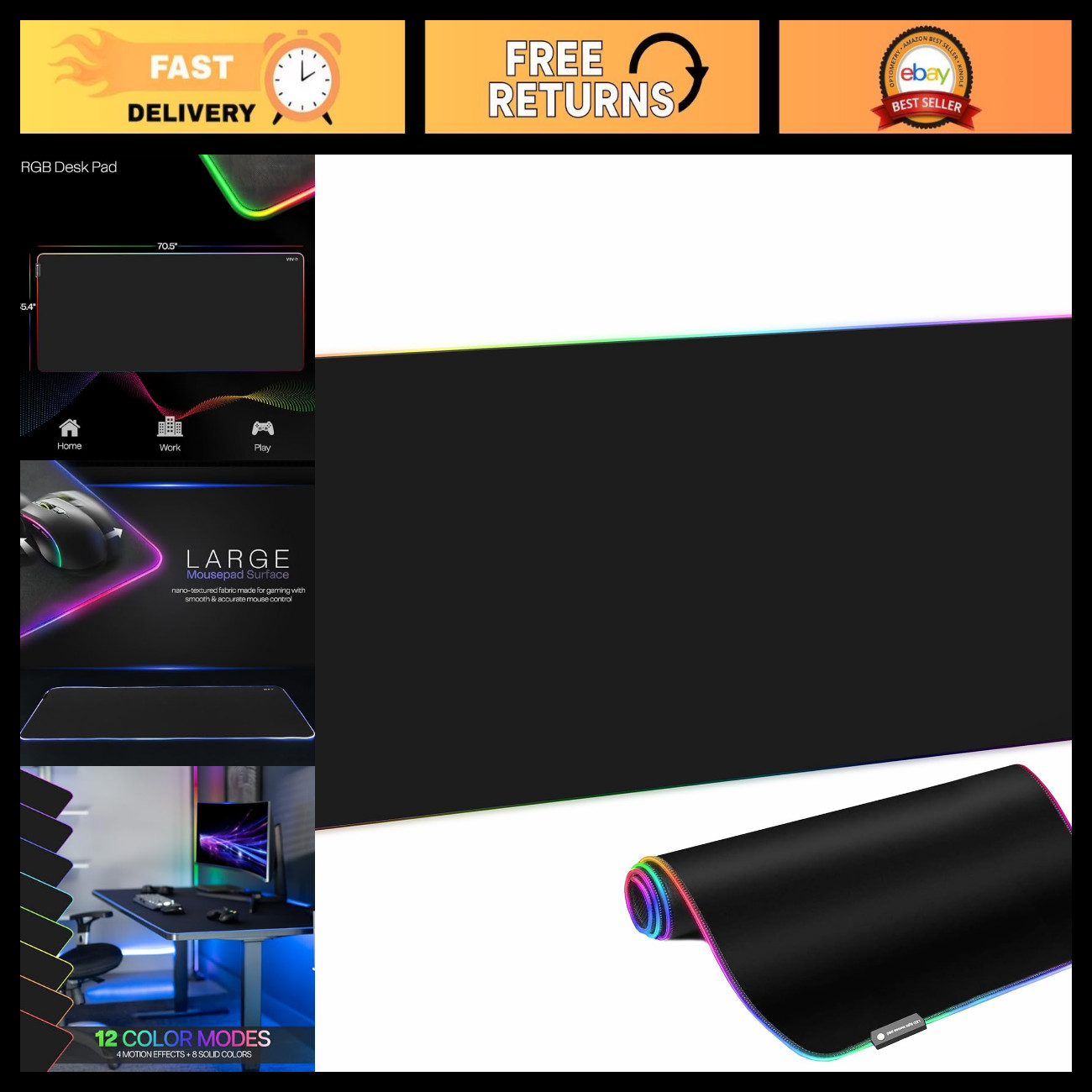 Extra Large 71"x36" RGB Desk Pad - Full Size Gaming/Office Mat, Waterproof Surfa