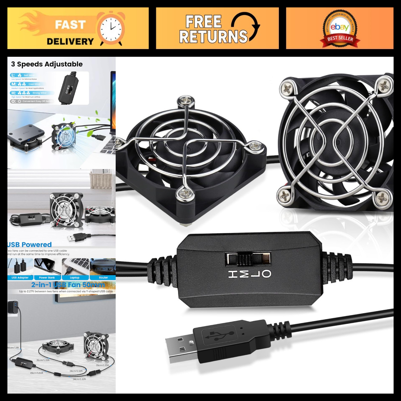 Dual 50mm USB Cooling Fan - 3 Speed Mini Desk Cooler for Laptops & PCs