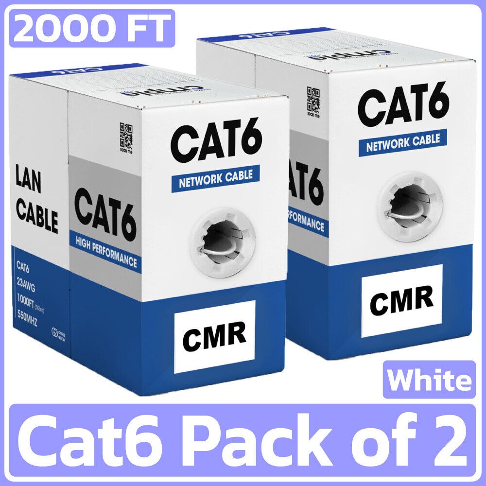 2 Pack Cat6 Ethernet Cable 1000ft Riser CMR Solid 23AWG UTP Easy Pull White