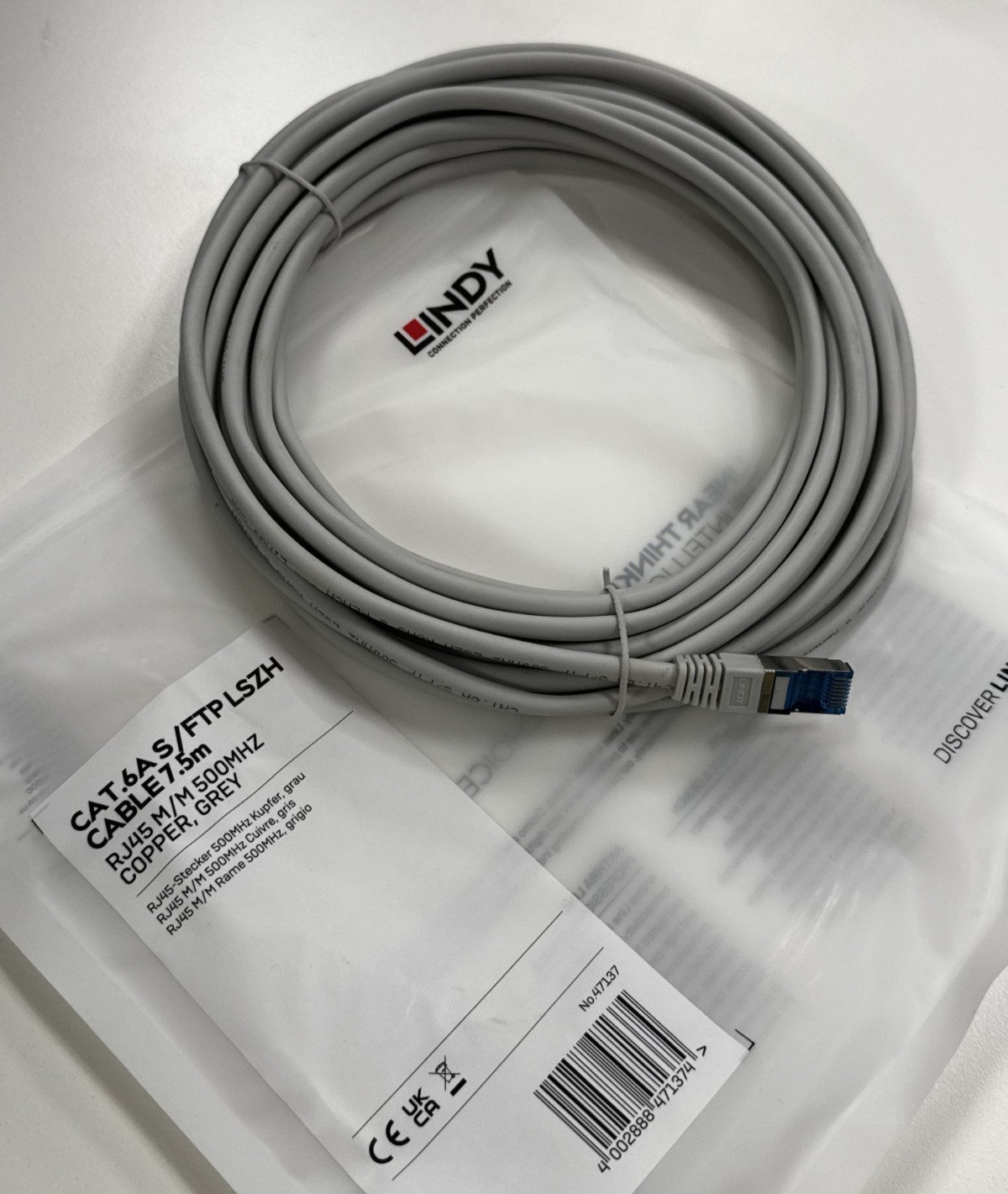 Lindy Cat.6A S/FTP LSZH Network Cable RJ45 Male to Male (Grey), 7.5 m - 47137