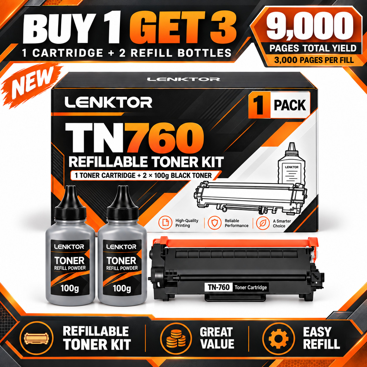 TN760 Refillable Toner 1PK BK With Chip for MFC-L2690DWXL HL-L2325DW HL-L2350DW