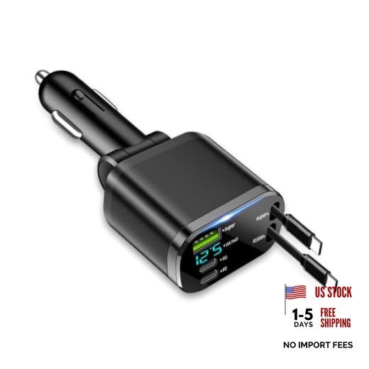 Upgraded Retractable Car Charger Adapter,3-Port & 2-Cable Car Phone Charger