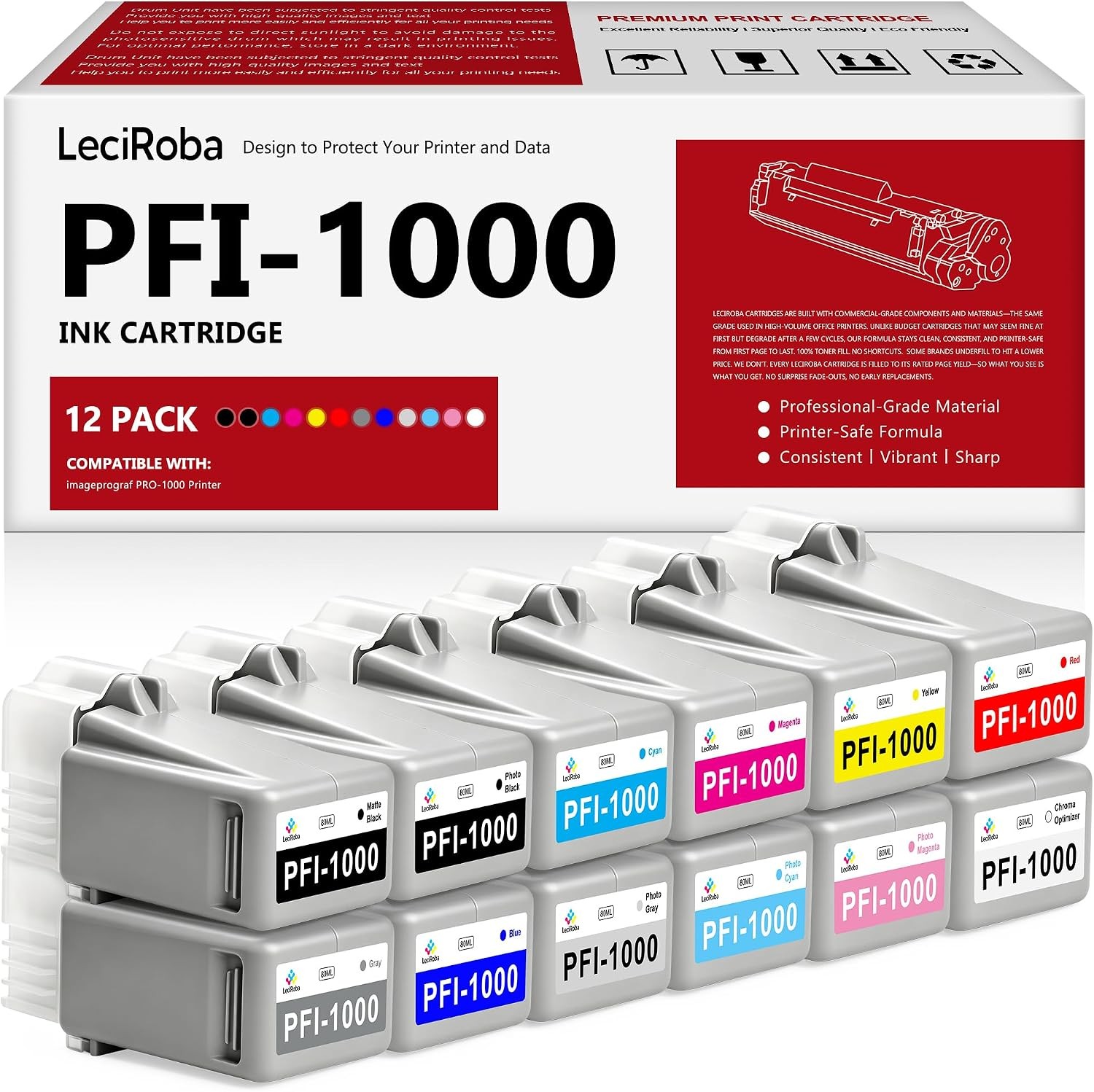 PFI-1000 PFI1000 Ink Cartridge Tank for Canon imagePROGRAF PRO-1000 80ML 12-Pack