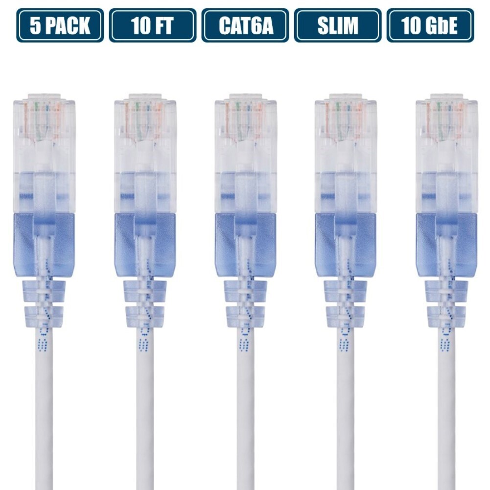 5 Pcs 10FT Slim CAT6A RJ45 Ethernet LAN Network UTP Patch Cable Cord 30AWG White