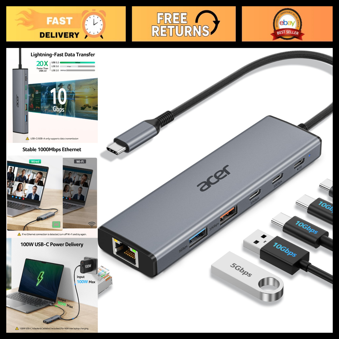 6-in-1 USB C Hub, 10Gbps Ethernet Adapter for Laptop/PC, Fast Data Transfer