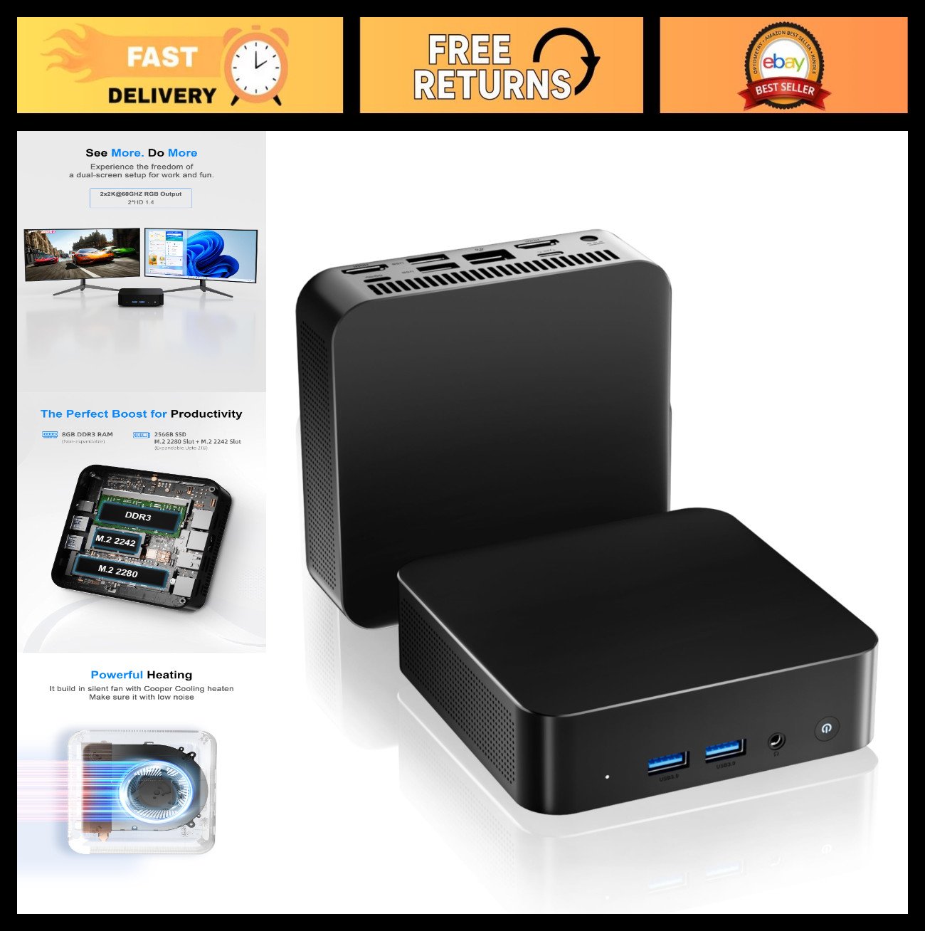 Compact Mini PC 8GB RAM 256GB SSD, Dual HDMI 4K, WiFi 5, Bluetooth 4.2, Home Off