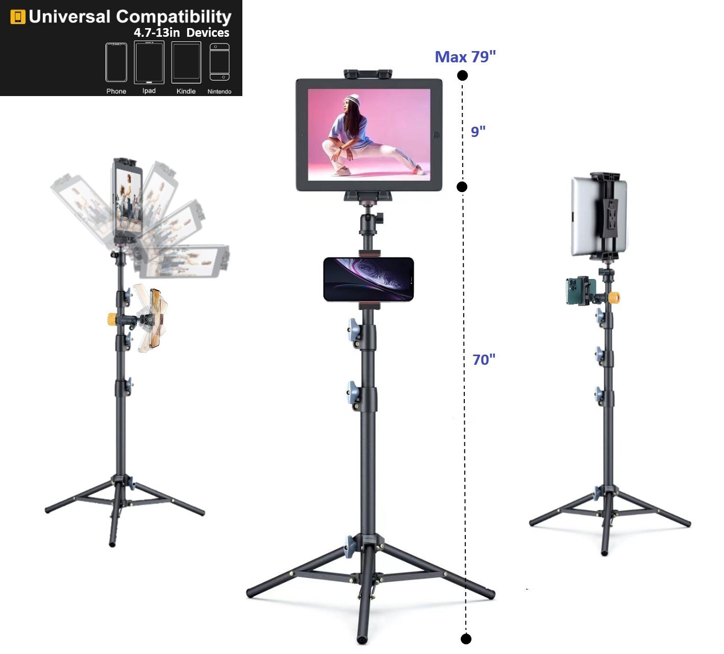 LINCO 70" Adjustable Steel Tablet Tripod Stand with 360° Rotating Phone Holder