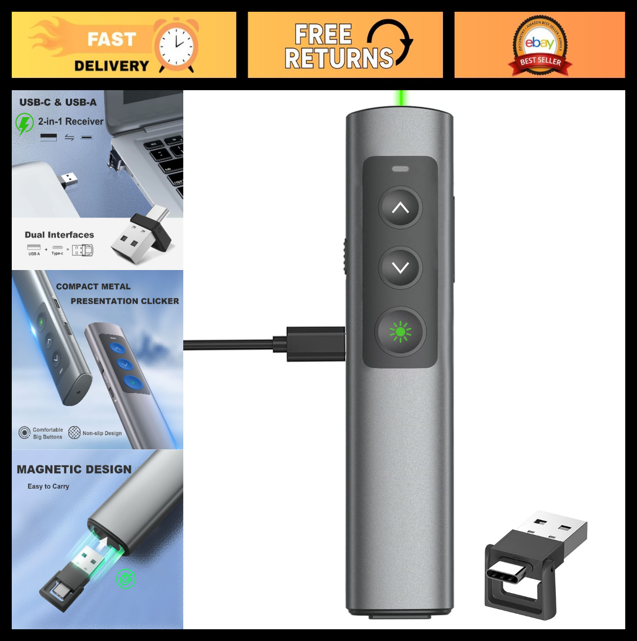 Rechargeable Green Laser Pointer Clicker for PowerPoint, USB-A & USB-C Remote Ad