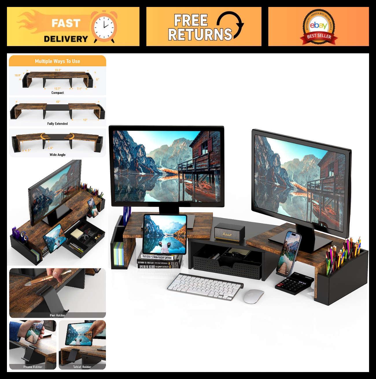 Dual Monitor Stand Riser with Drawer, Rustic Brown - Customizable Organizer & St