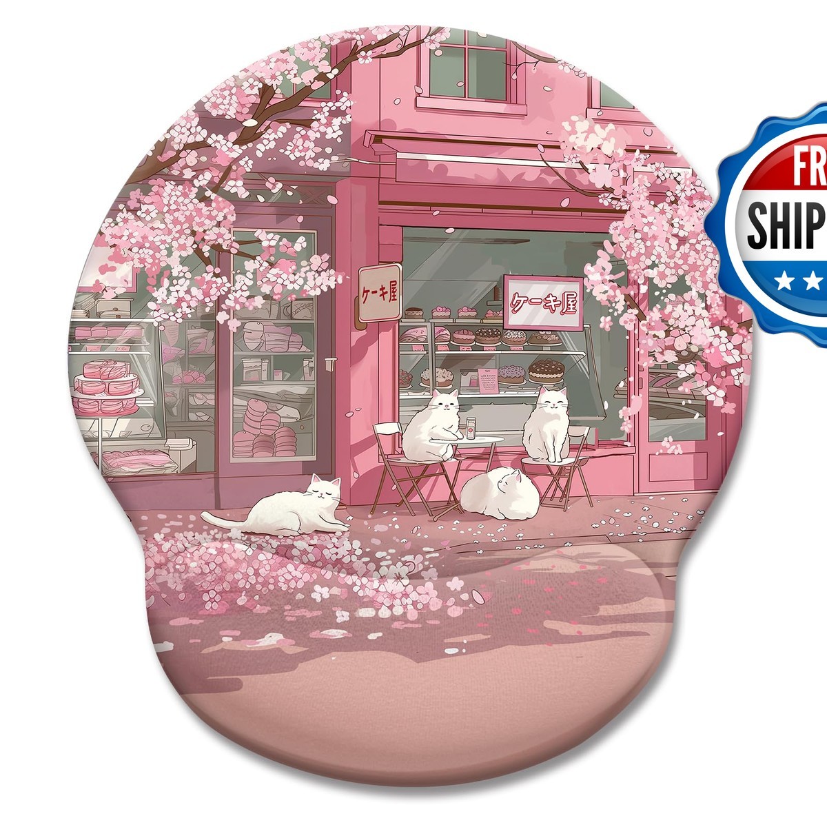LIMKRIAN Cat Ergonomic Mouse Pad Wrist Rest Pink Cherry Blossom Non-Slip PU Base