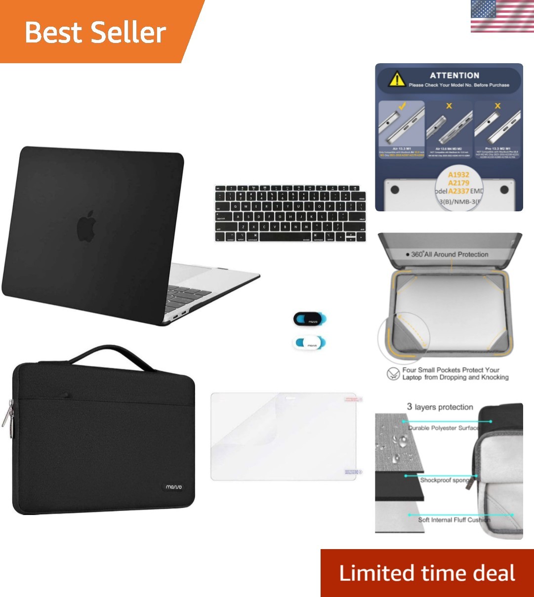 Luxury Black Hard Shell Case & Accessories for 13" MacBook Air M1 2021-2018