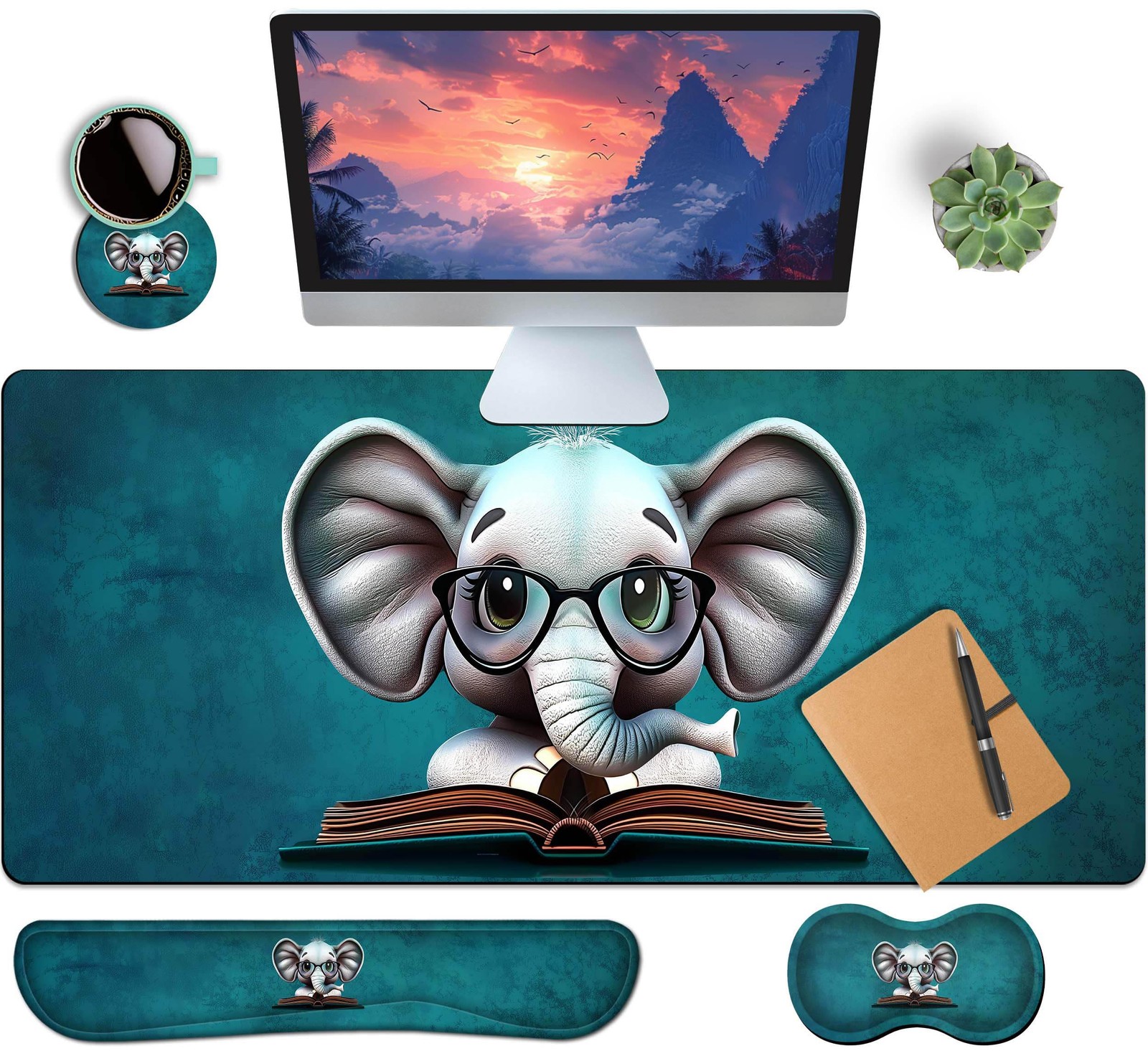 HaoSiTeck 4-Pc XXL Mouse Pad Set Elephant Design w/ Wrist Rests & Coaster