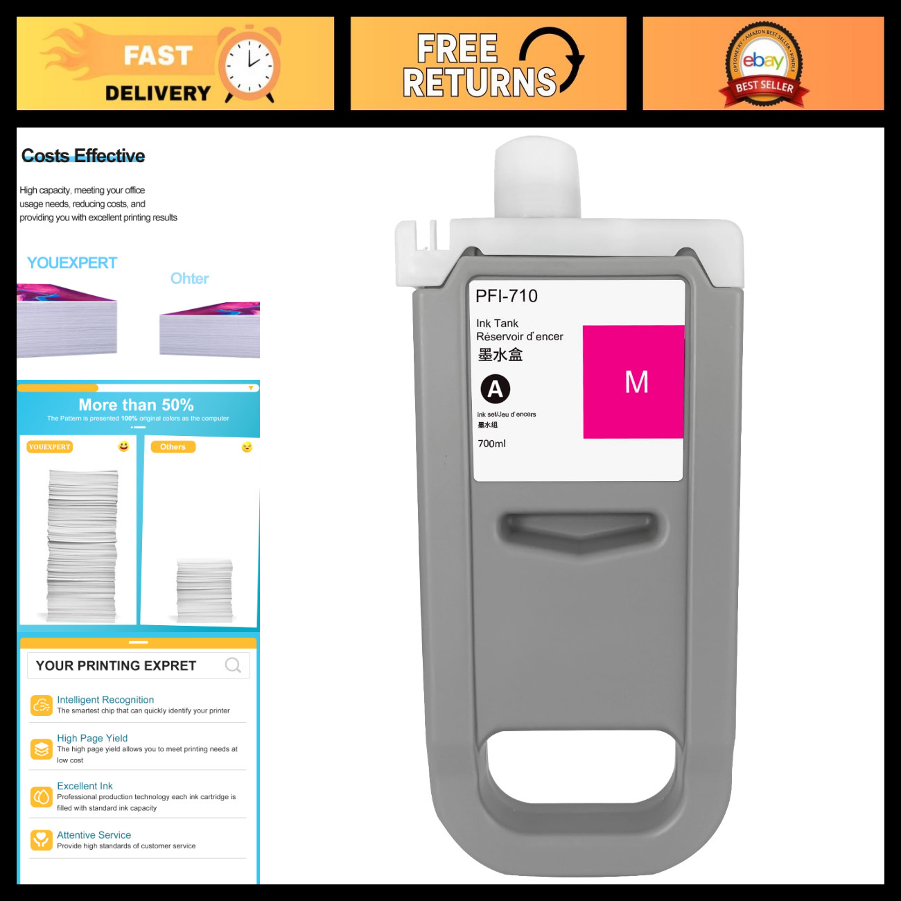 Magenta Ink Cartridge Replacement for Canon PFI-710, 700ML, iPF TX-2000/3000/400