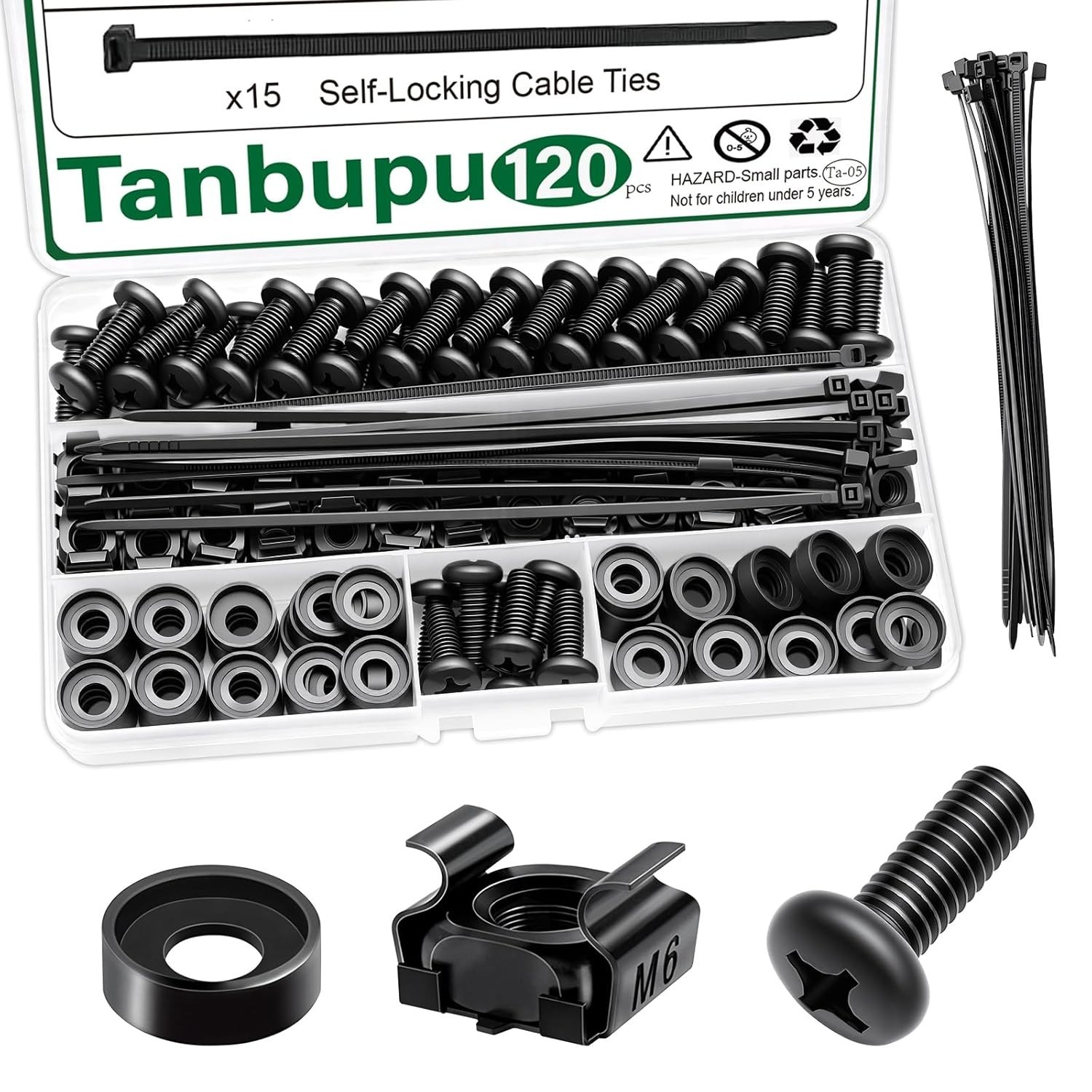 120Pcs M6 x 16mm Rack Mount Cage Nuts, Screws, Washers and Self-Locking Cable Ti