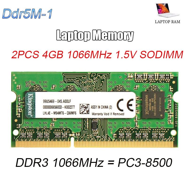 2PCS 4GB SO-DIMM Kingston DDR3 1066MHz PC3-8500 Laptop RAM Memory NON-ECC 1.5Vol