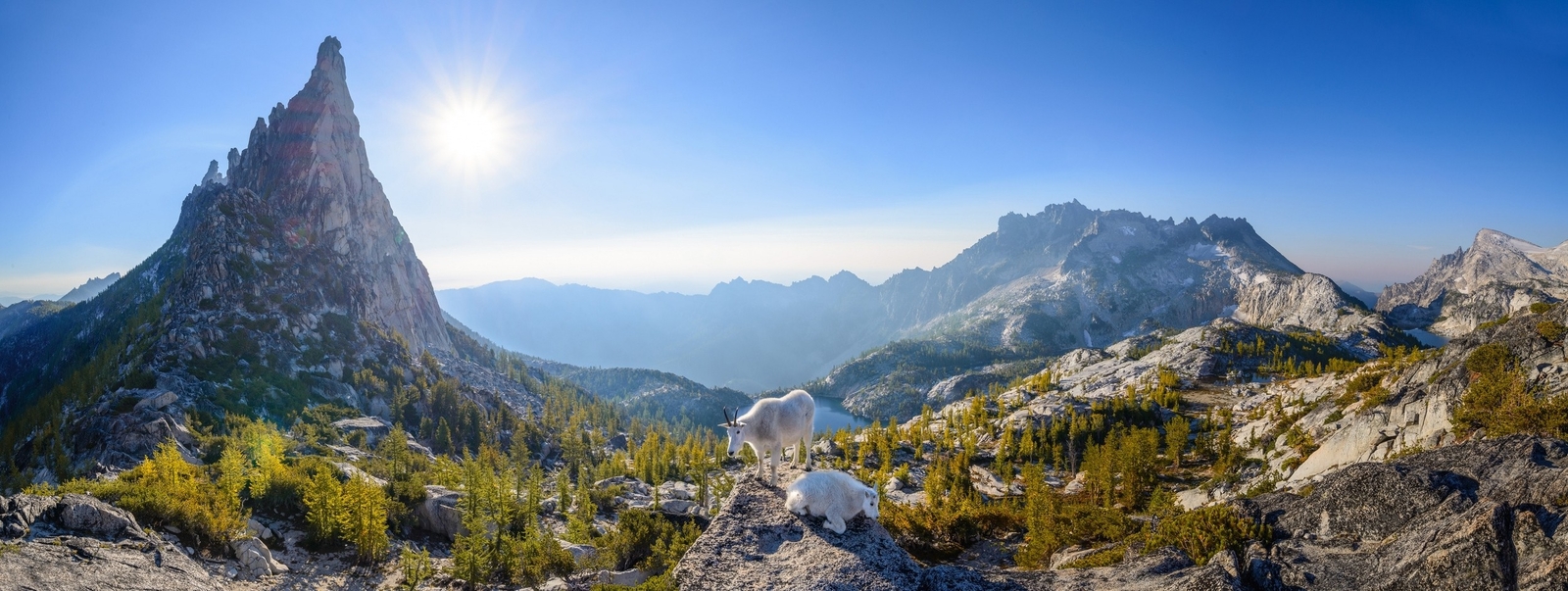 Landscape nature panorama mountains lake goats trees sun Custom Gaming Mat Desk