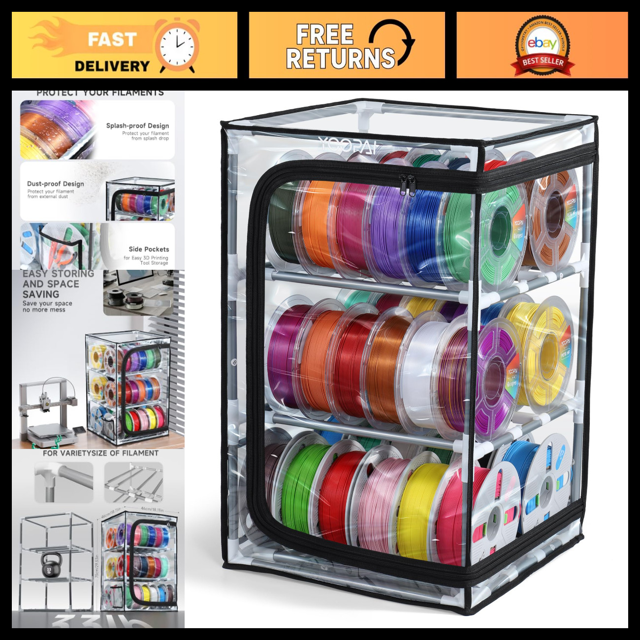 3-Tier 3D Printer Filament Storage Box with Dust Cover, Holds 30 Spools, Organiz