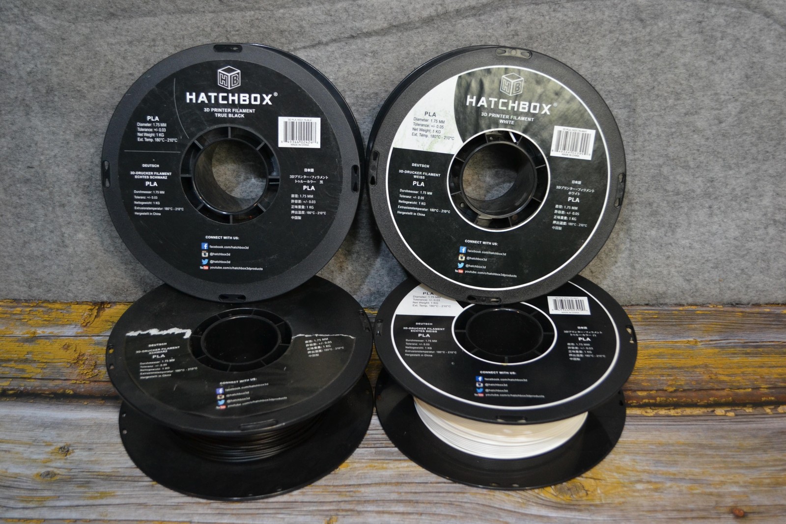 HATCHBOX PLA 3D Printer Filament 1.75mm 1kg Lot 4 True Black White Spool Rolls