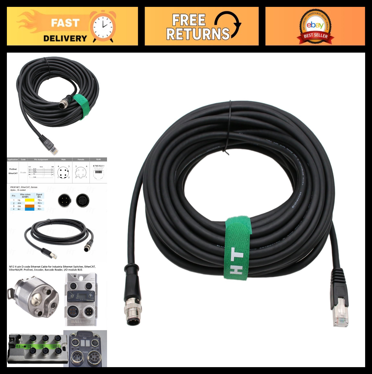 M12 D-Code 4 Pin to RJ45 Ethernet Network Cable for Sensors - 10m Length