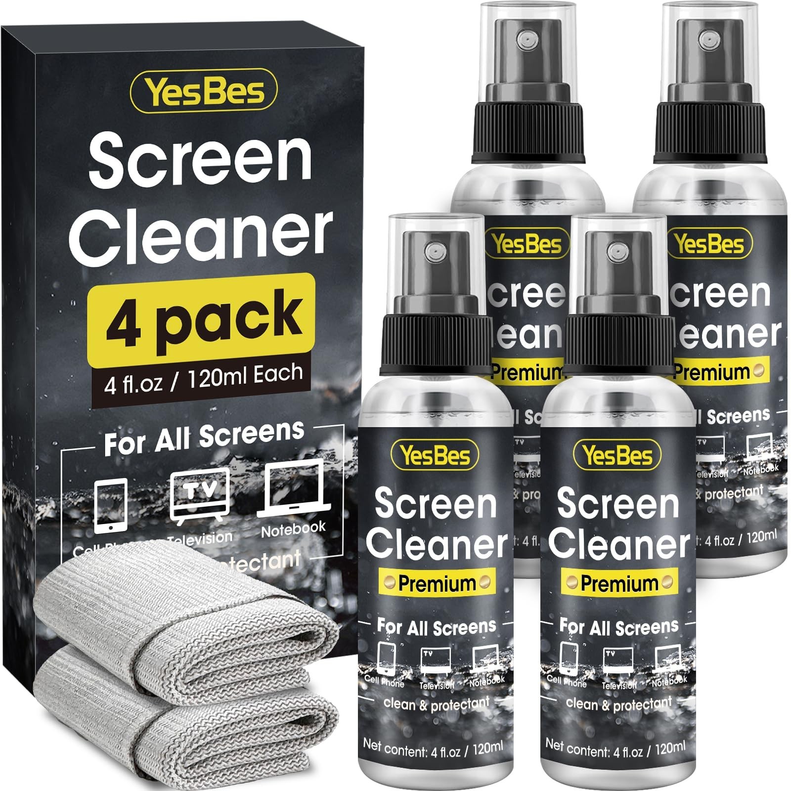 Screen Cleaner Spray 16Oz (4Oz X 4 Pack) - TV & Computer Screen Cleaner with 2 M