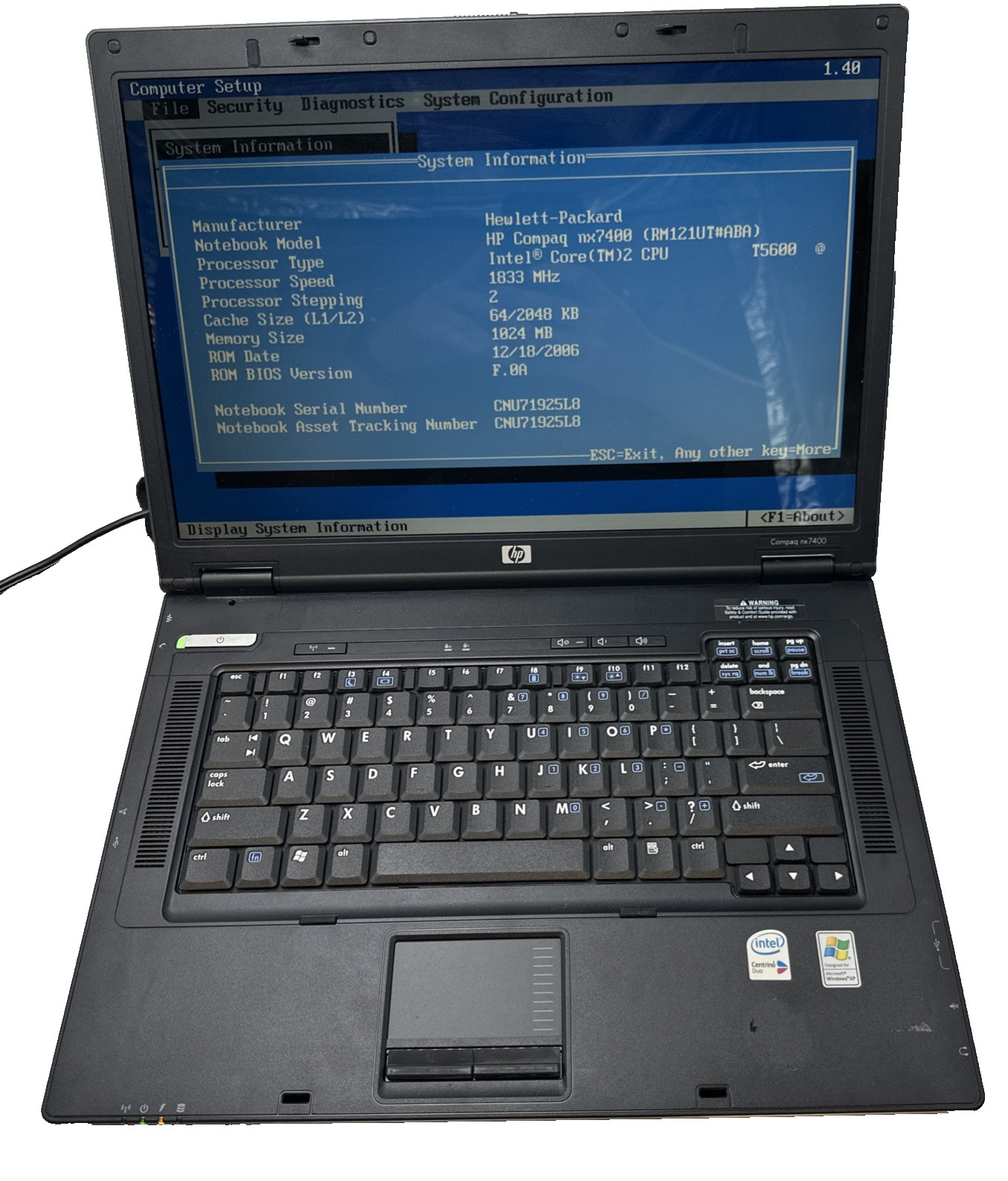 HP Compaq nx7400 Intel Core2 T5600 1GB - NO HDD/NO OS - Boots to BIOS Laptop