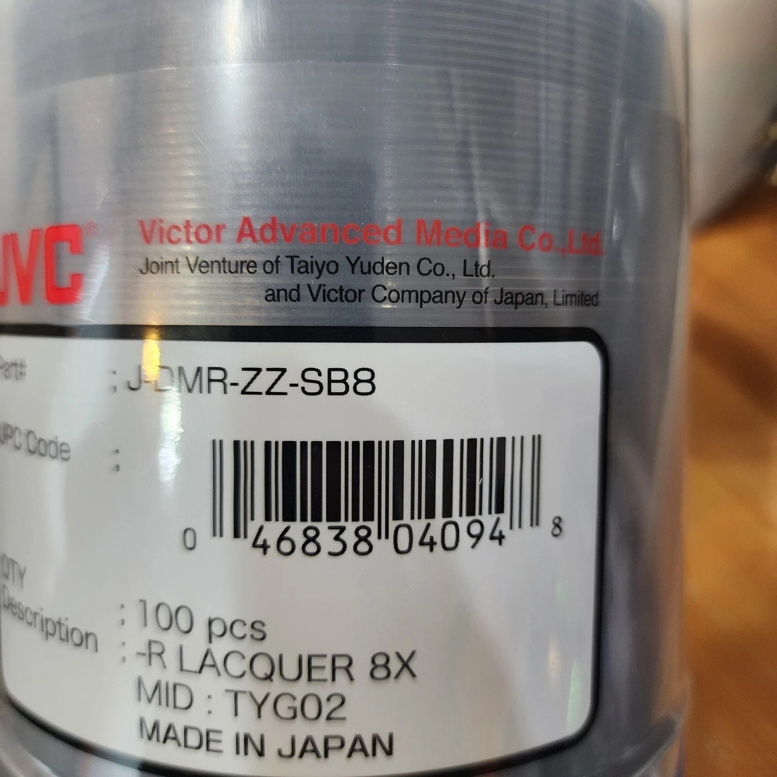 100 JVC TY DVD-R , 8X, 4.7GB, SILVER TOP,J-DMR-ZZ-SB8, 