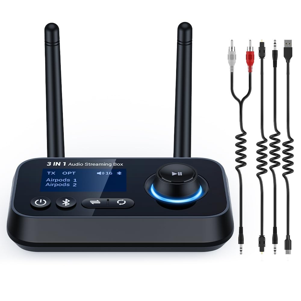 Bluetooth 5.3 Transmitter for TV Audio w. Screen Display Dual Antenna Low Lat...