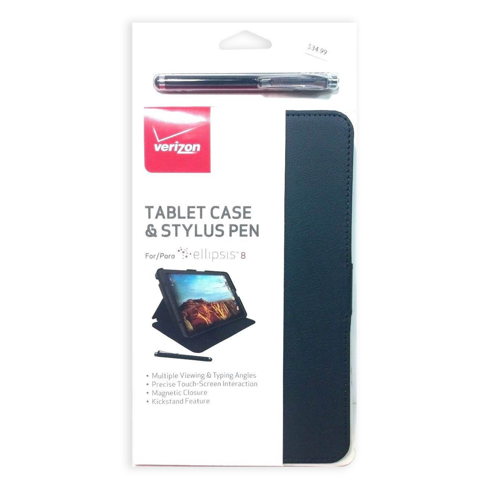Verizon Folio Stand Impact Protection Case with Stylus Pen for Ellipsis 8 -Black