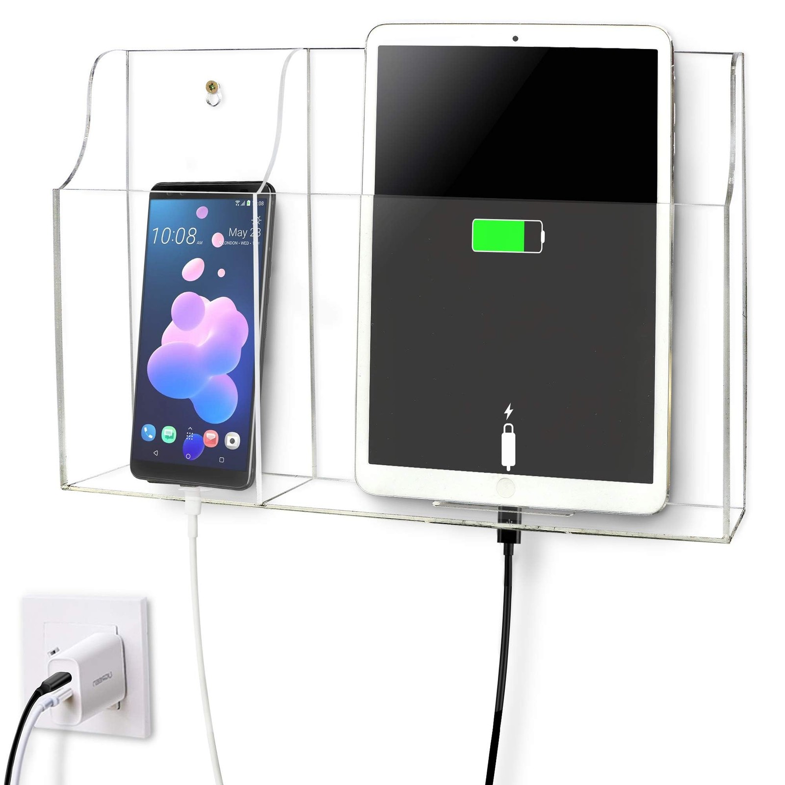 Clear Acrylic Wall Mount Tablet Phone Charging Stand 2 Slots Remote Holder