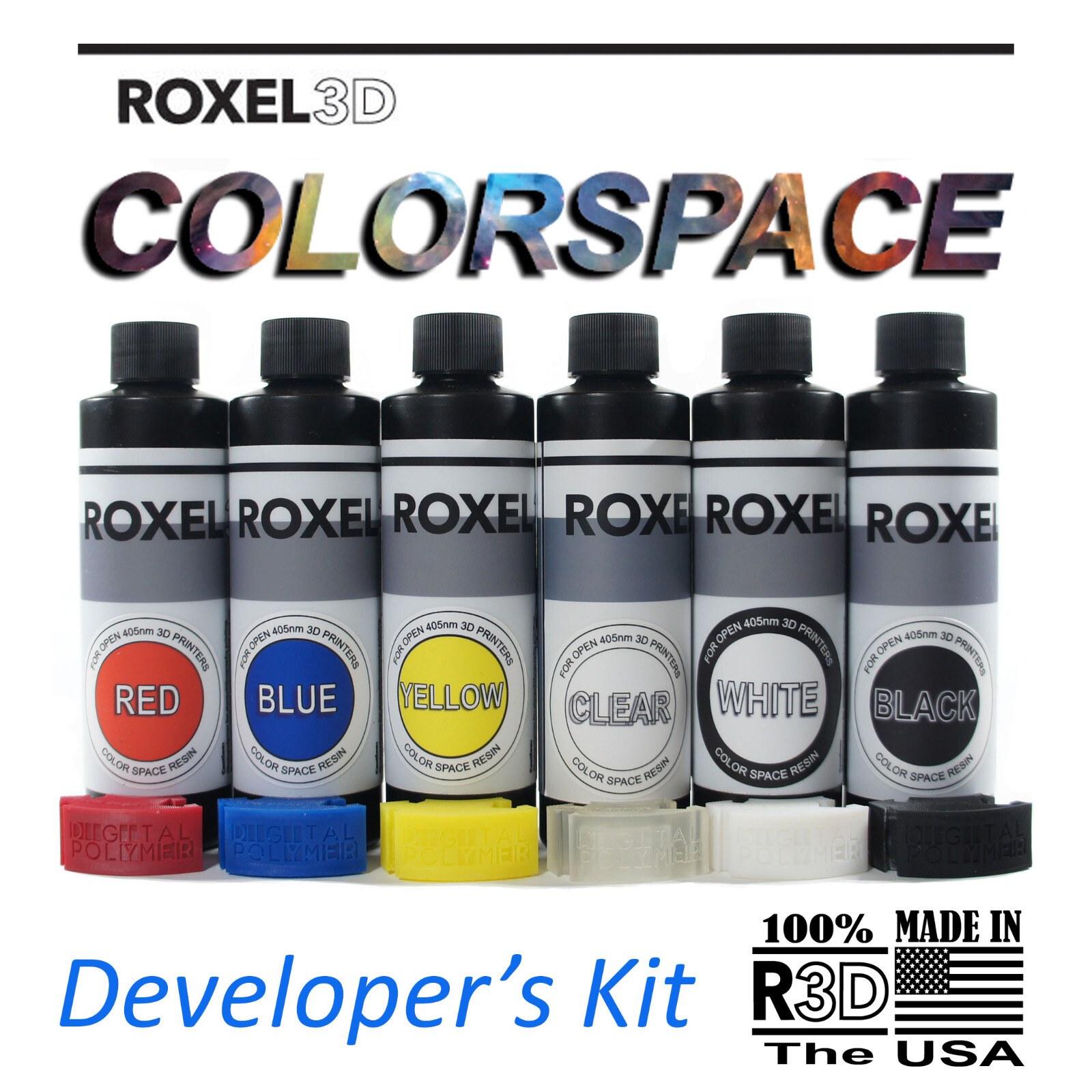 ROXEL3D - COLORSPACE Developer's Kit - 180 g ech Red Ylw Blu Blk Wht & Clr resin