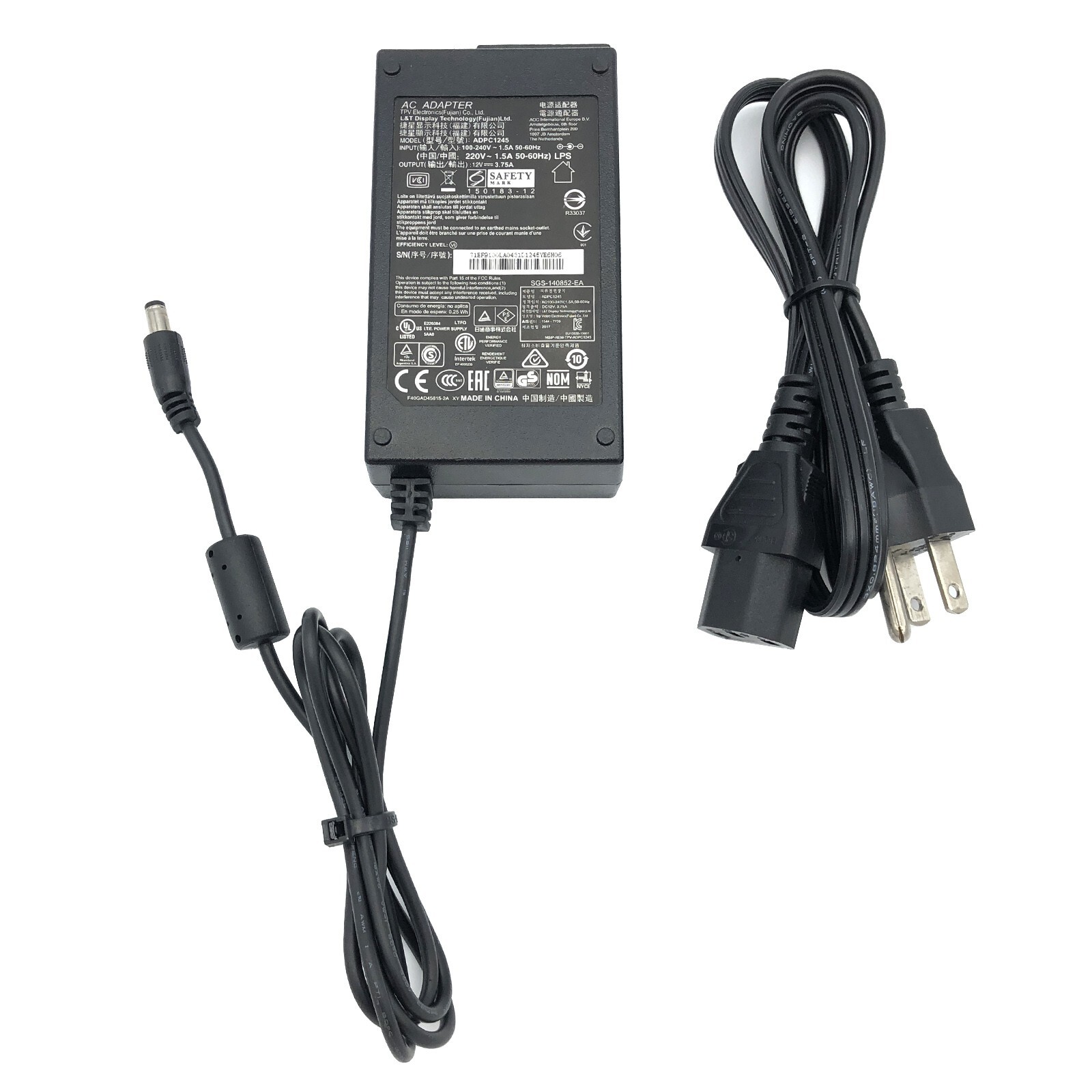 Original TPV Electronics ADPC1245 AC/DC Adapter 12V 3.75A for AOC Monitor
